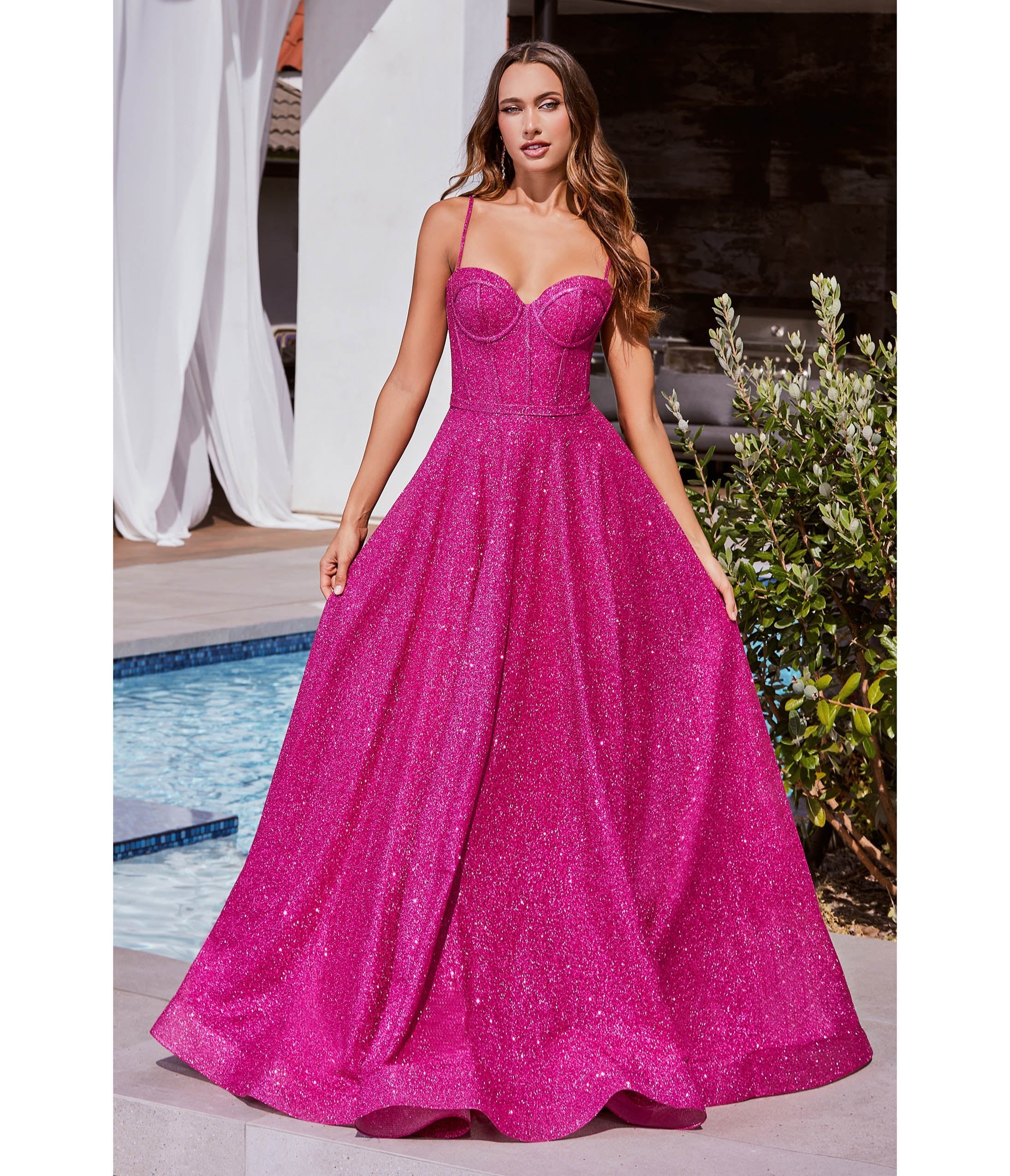 Ladivine by Cinderella Divine Fuchsia Glitter Strapless Prom Gown