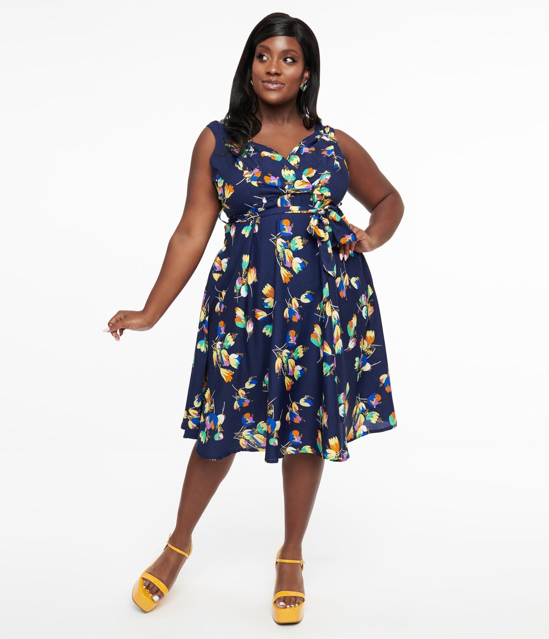 Plus Size 1950s Navy Floral Print Swing Dress