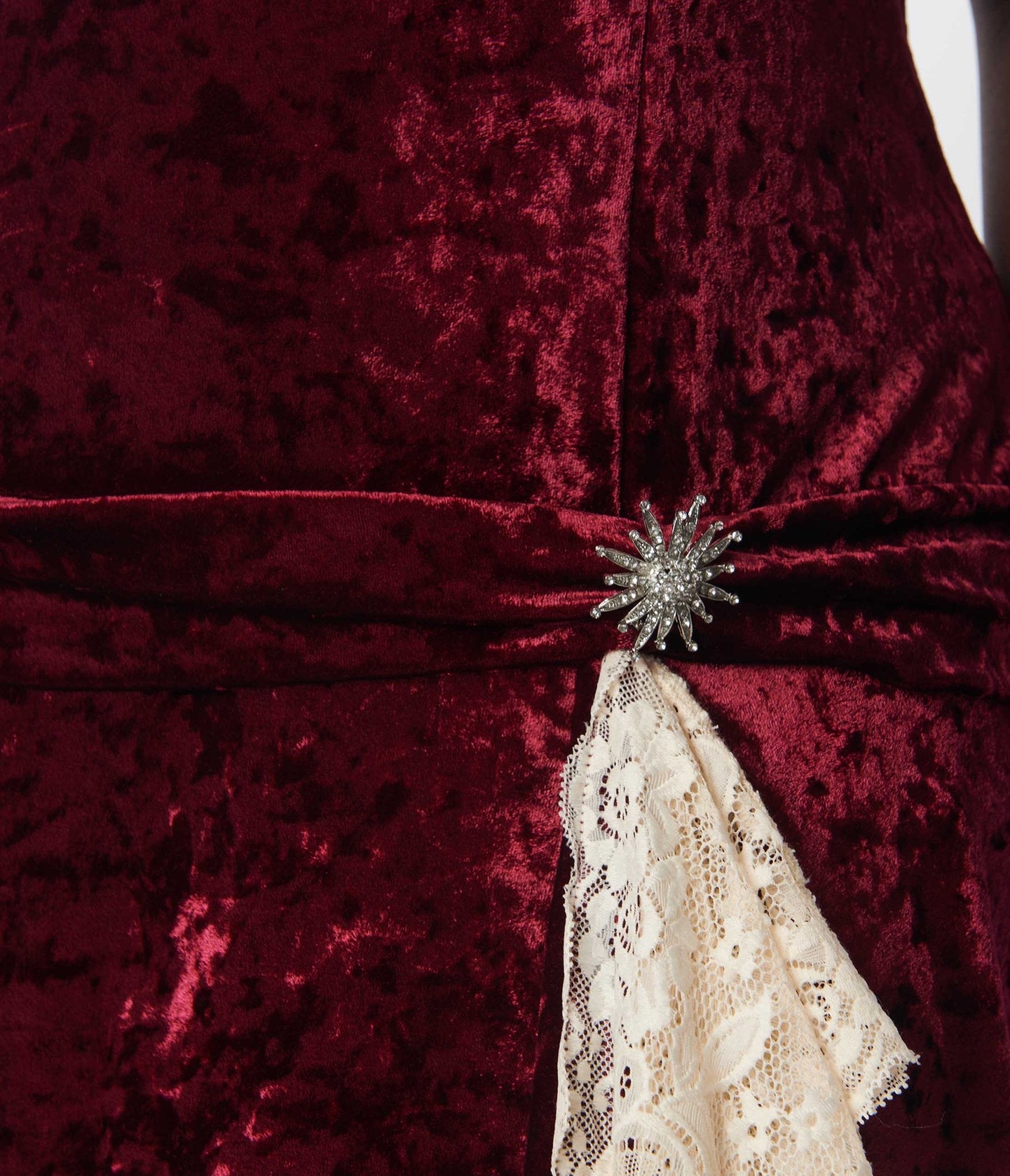 Unique Vintage 1920s  Burgundy Crushed Velvet & Ivory Lace Flapper Dress