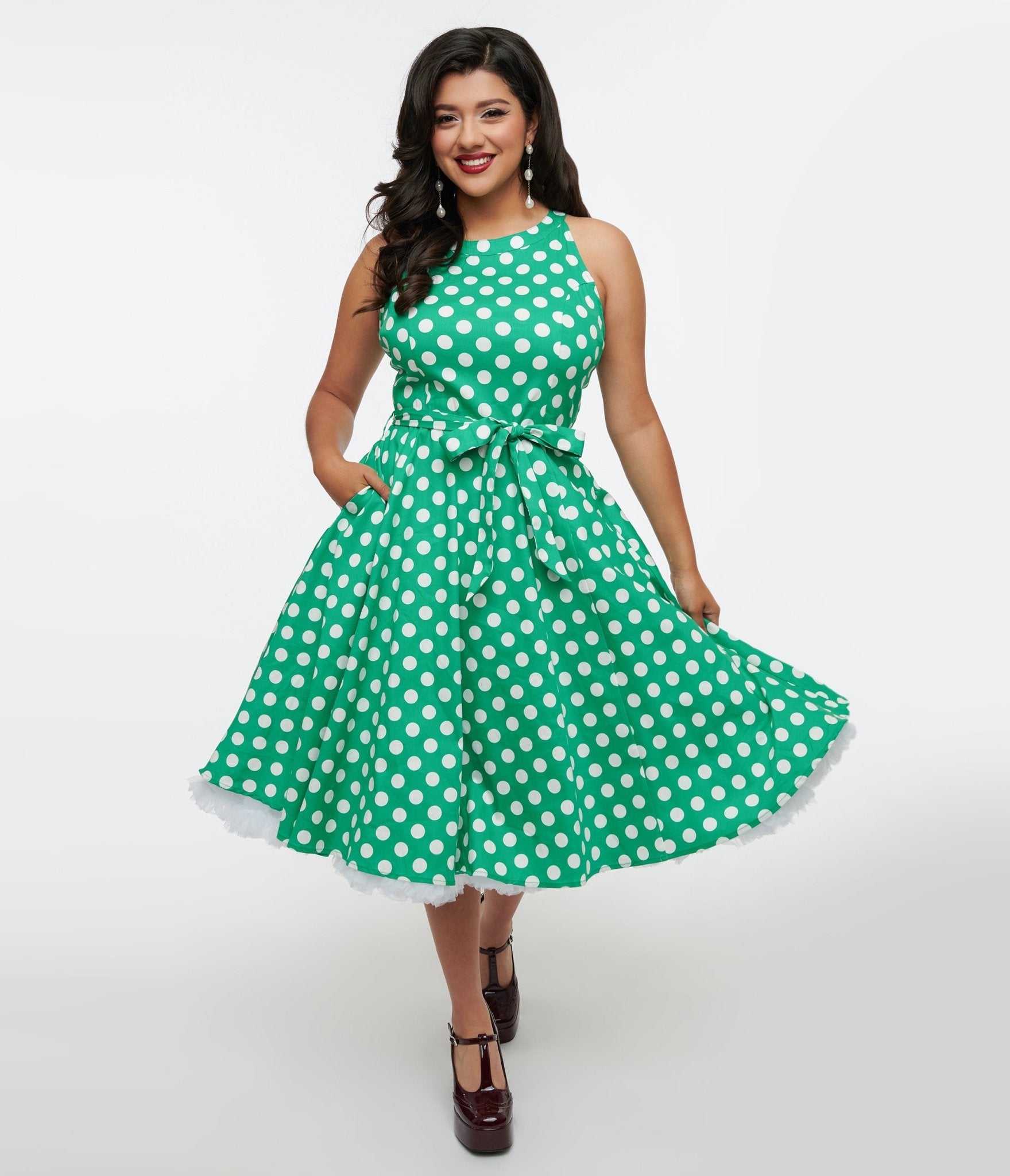 1950s Green & White Polka Dot Tie Swing Dress