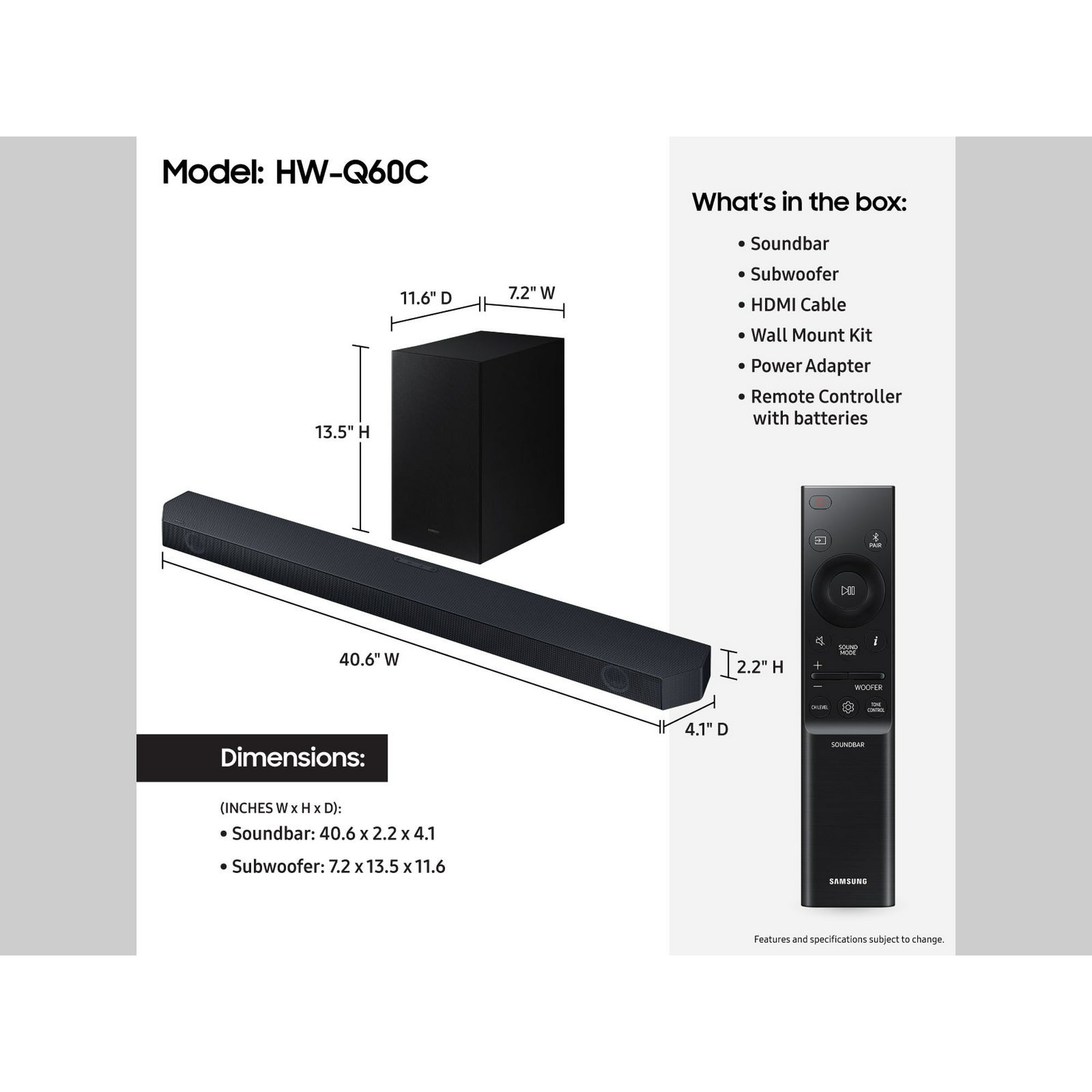 Samsung HW-Q60C/ZA Q-Series 3.1ch Dolby Atmos Soundbar w/ Q-Symphony, Titan Black