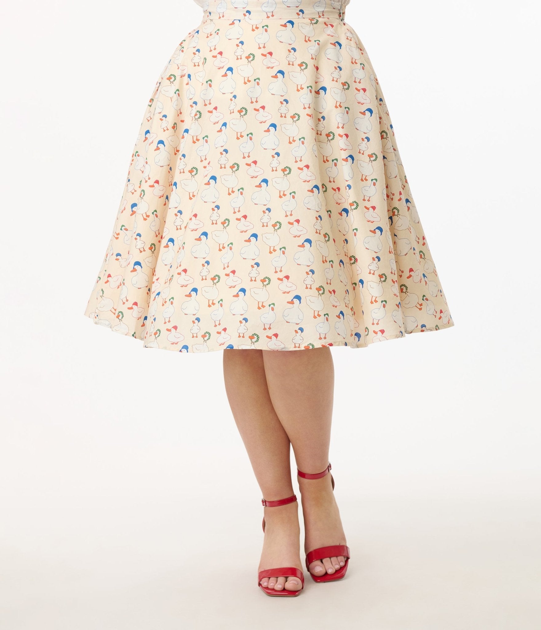 1950s Cream & Duck Print Cotton Swing Skirt