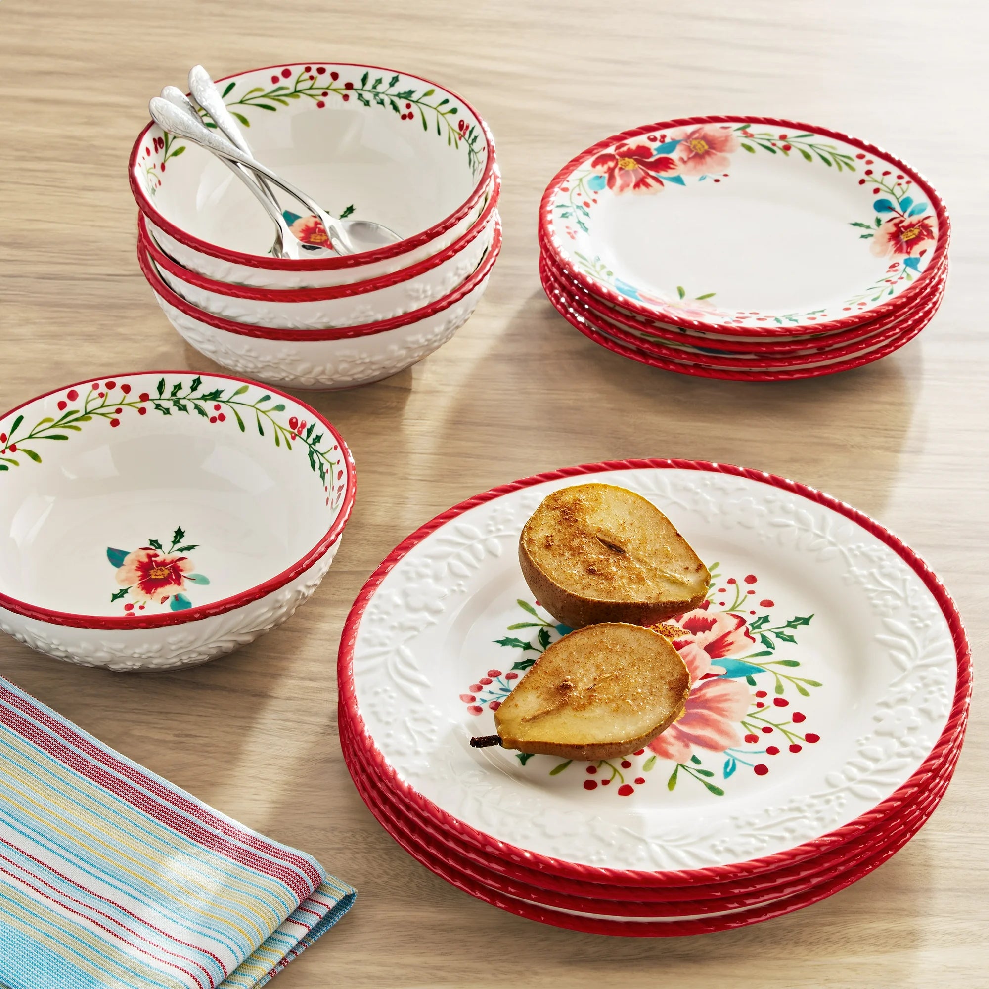 The Pioneer Woman PWD4968818141DY Merry Meadow Red 12-Piece Stoneware Dinnerware Set