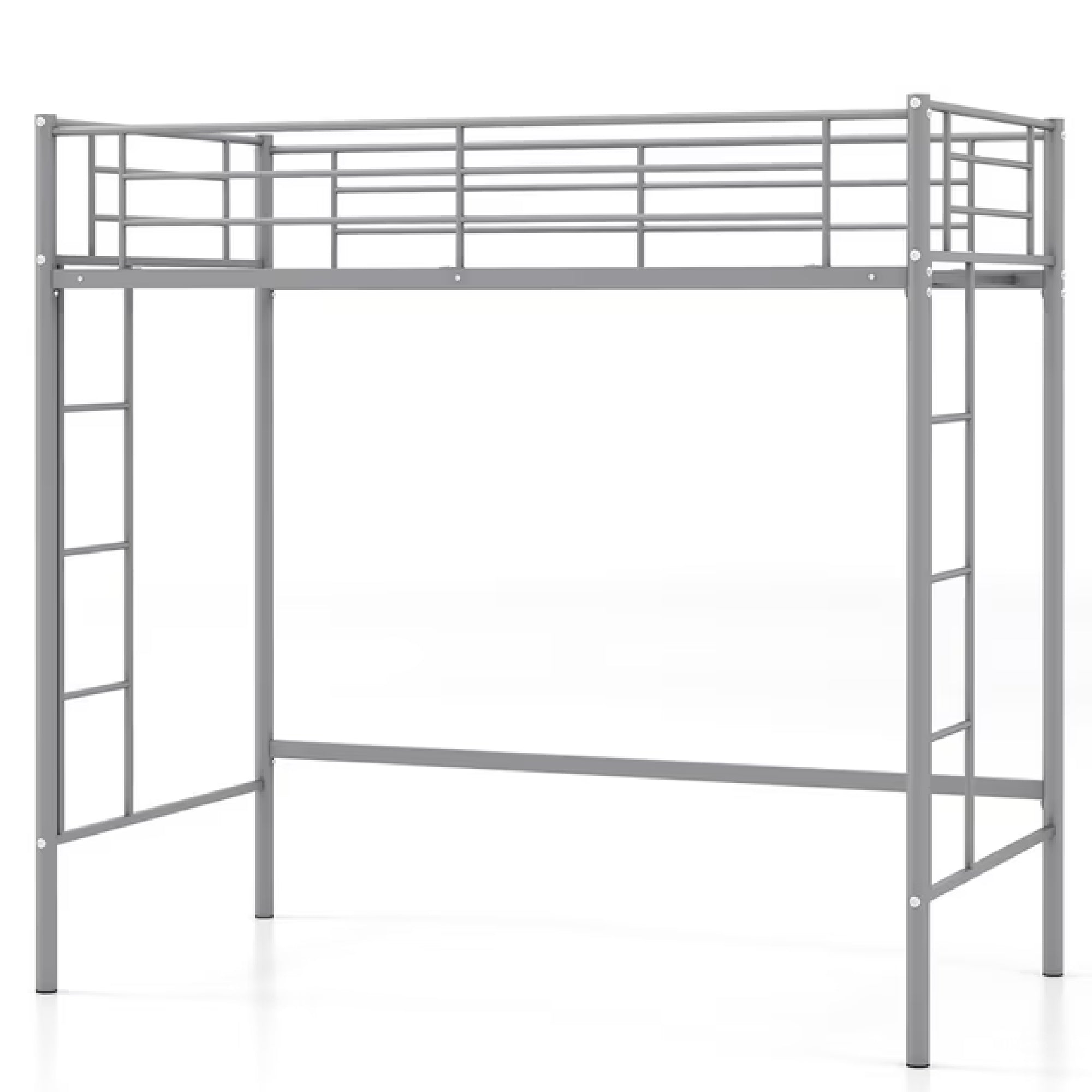 Gymax GYM09265 Twin Metal Loft Bed Frame W/ 2 Ladders Full-length Guardrail Space-Saving Silver