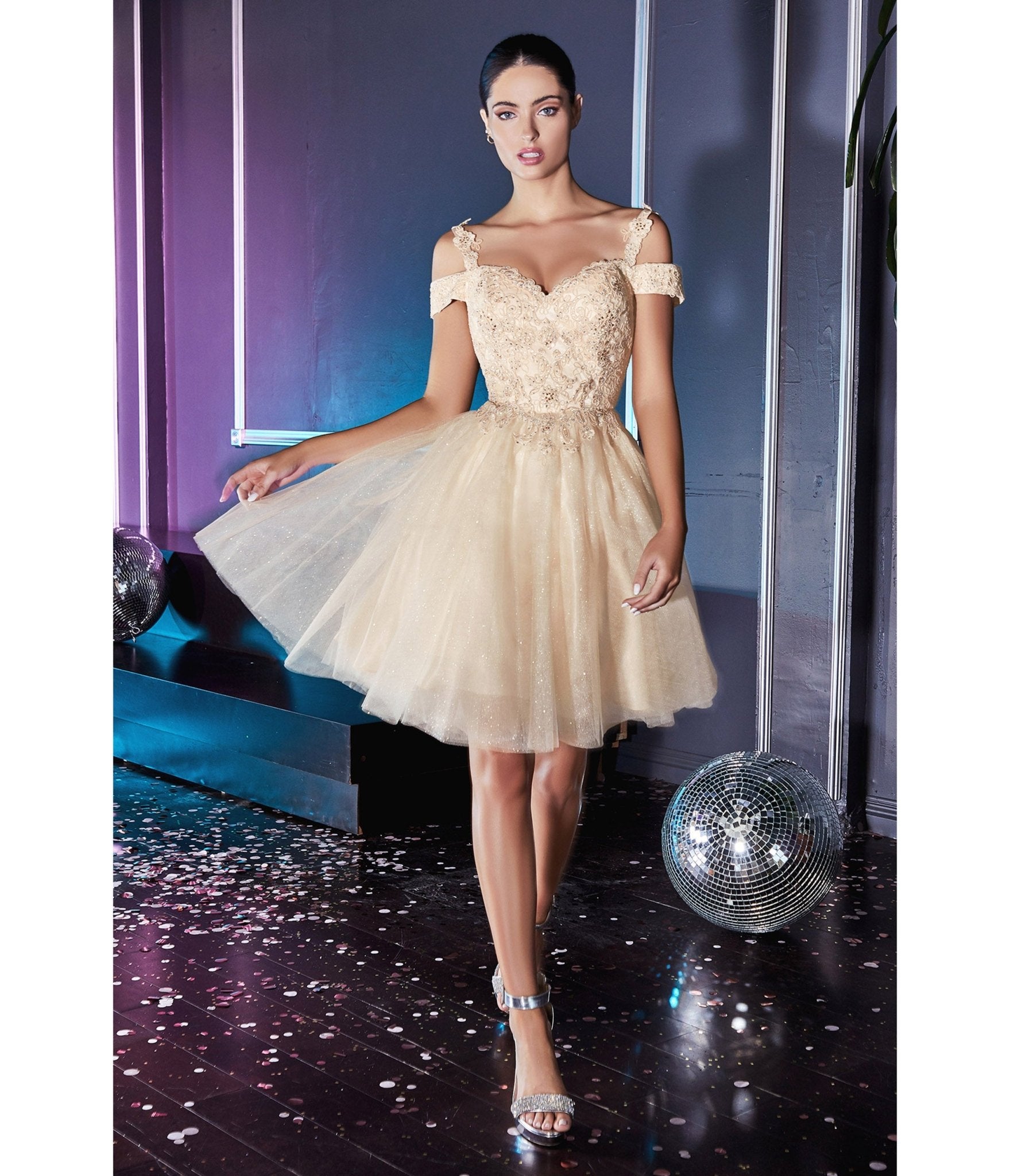 Ladivine by Cinderella Divine Champagne Glitter Tulle Cold Shoulder Homecoming Dress