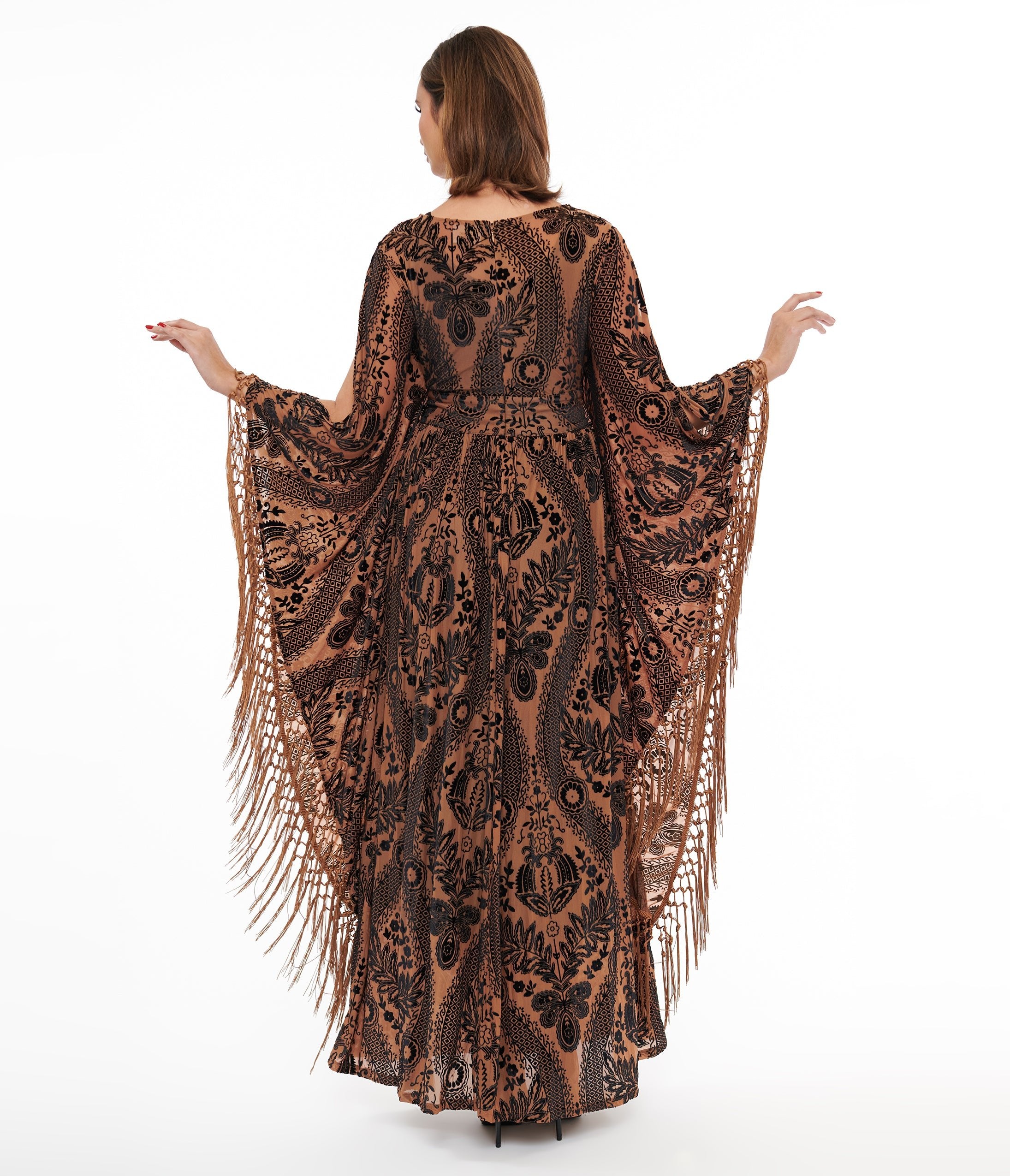 Unique Vintage 1960s Black & Nude Floral Fringe Flutter Sleeve Caftan