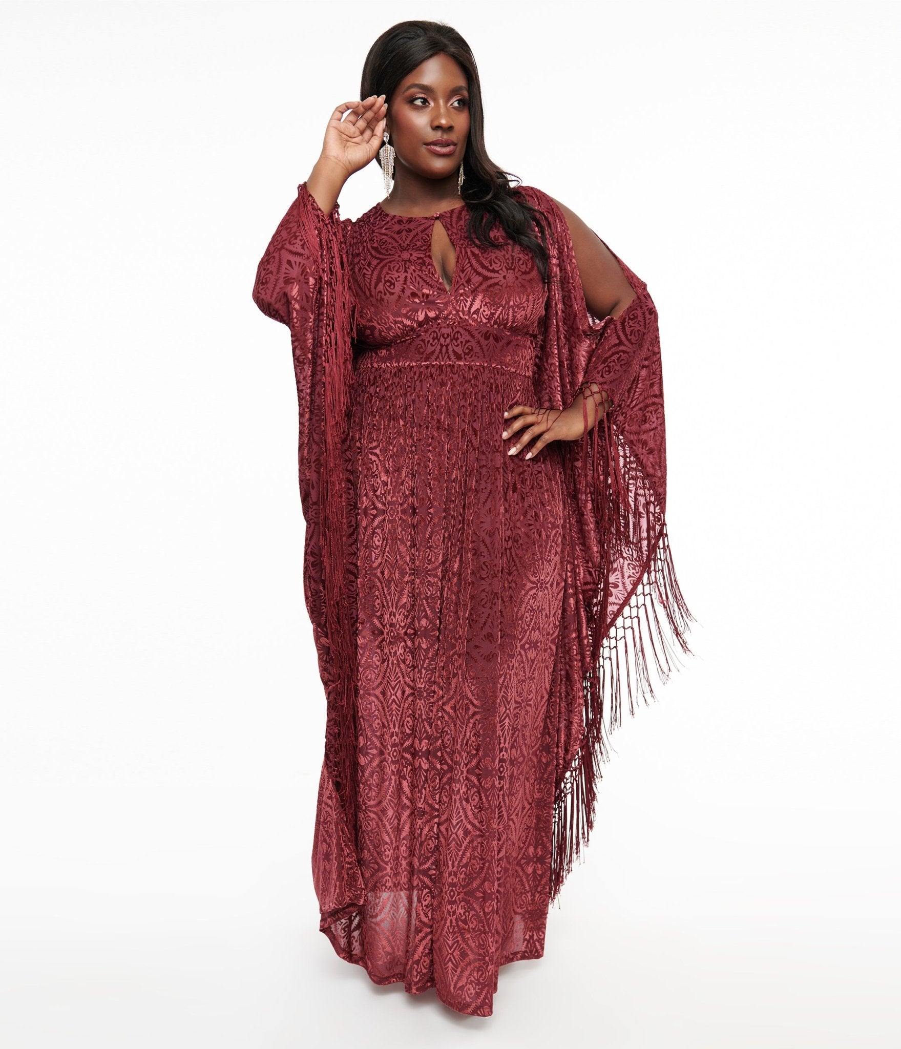 Unique Vintage Plus Size 1960s Burgundy Velvet Burnout Caftan