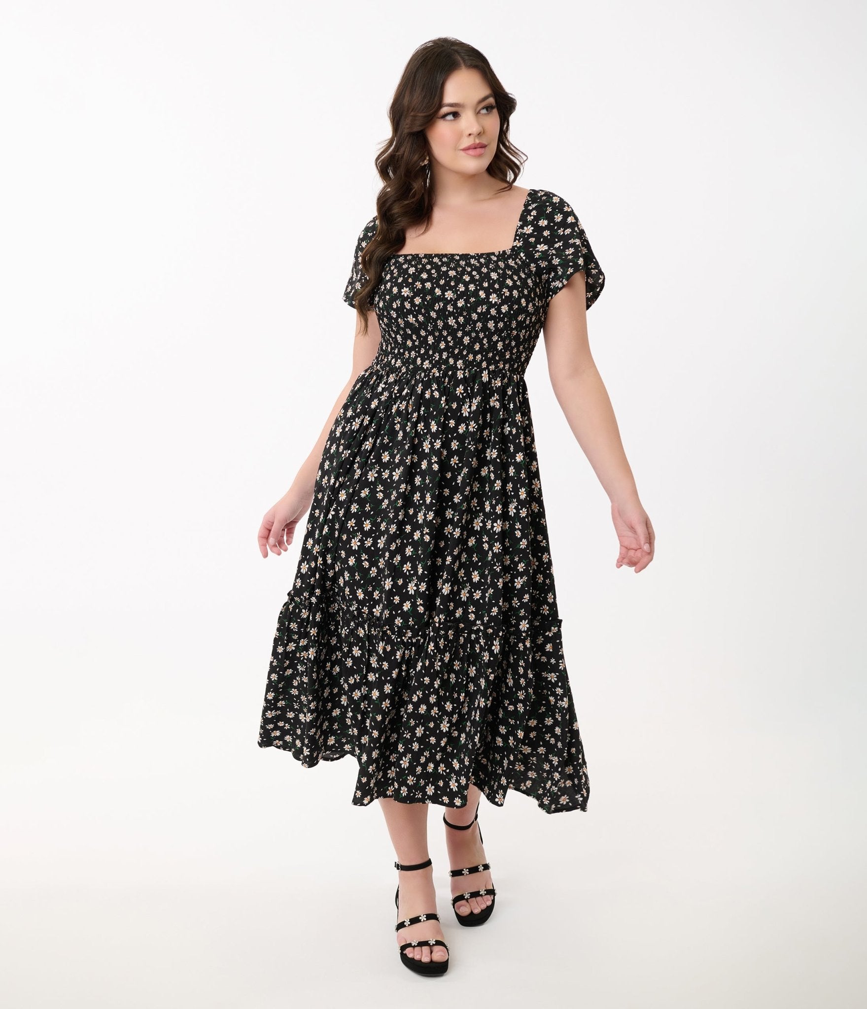 Unique Vintage 1960s Black & White Ditsy Floral Smocked Bodice Midi Dress