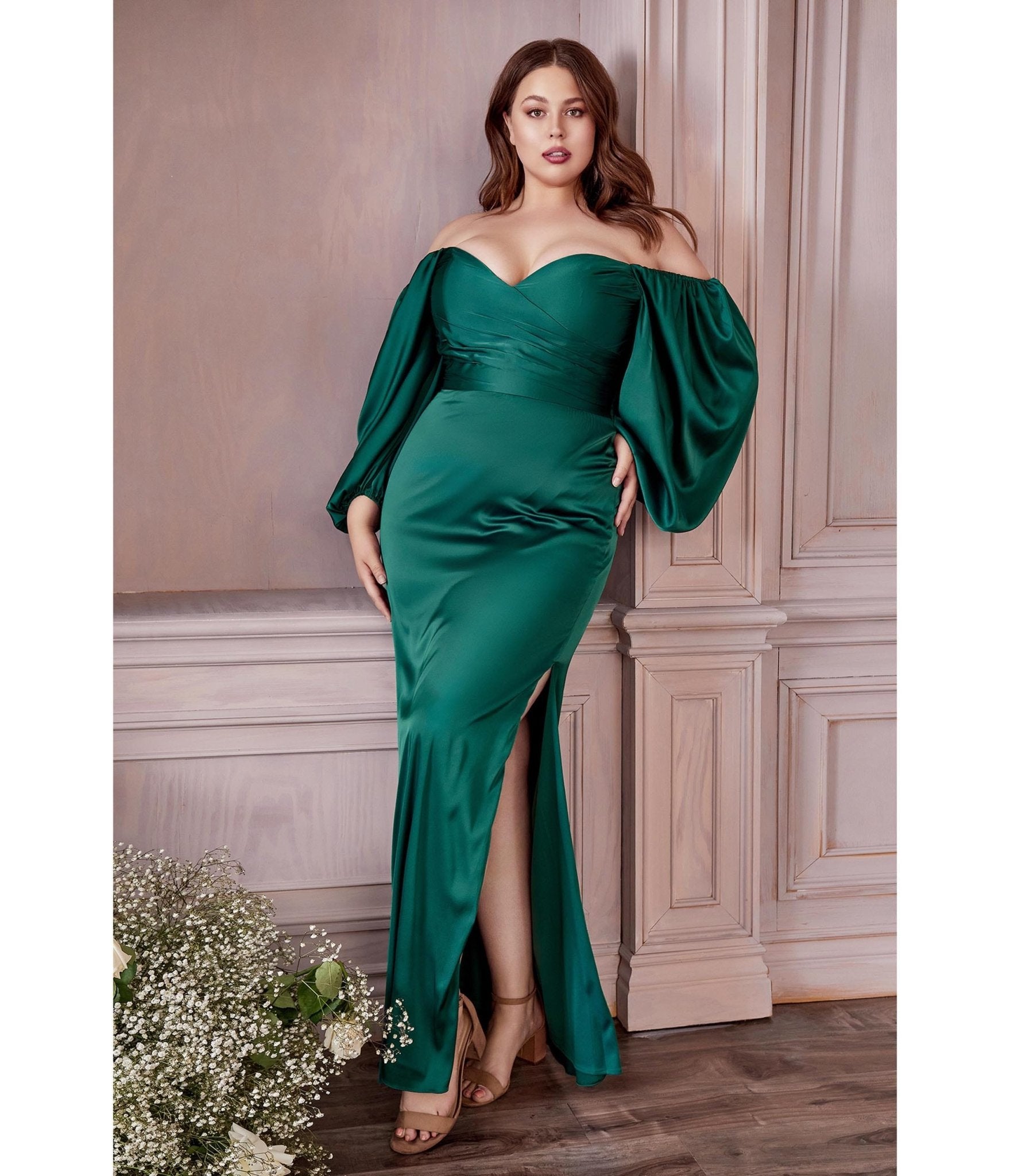 Ladivine by Cinderella Divine Plus Size Emerald Satin Long Sleeve Bridesmaid Dress