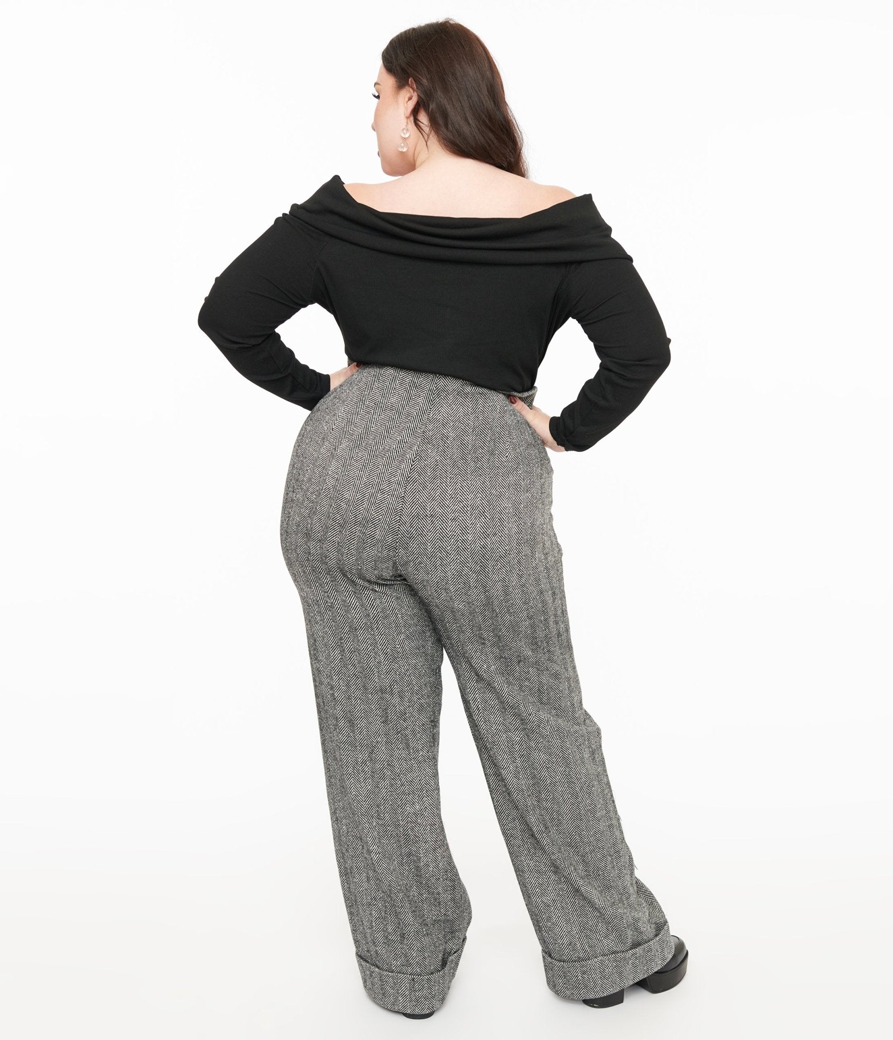 Unique Vintage Plus Size 1940s Grey Herringbone Buttoned Wide Leg Trousers