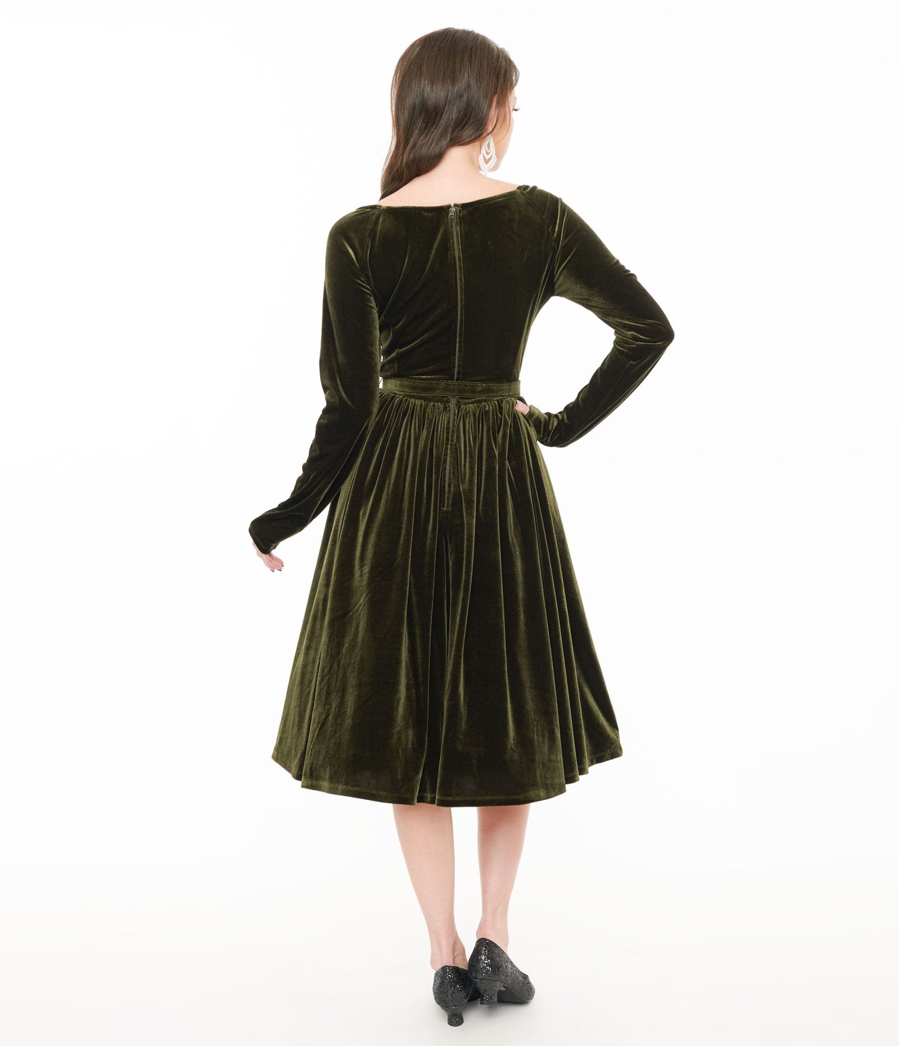 Unique Vintage 1950s Dark Olive Velvet Sweetheart Swing Dress