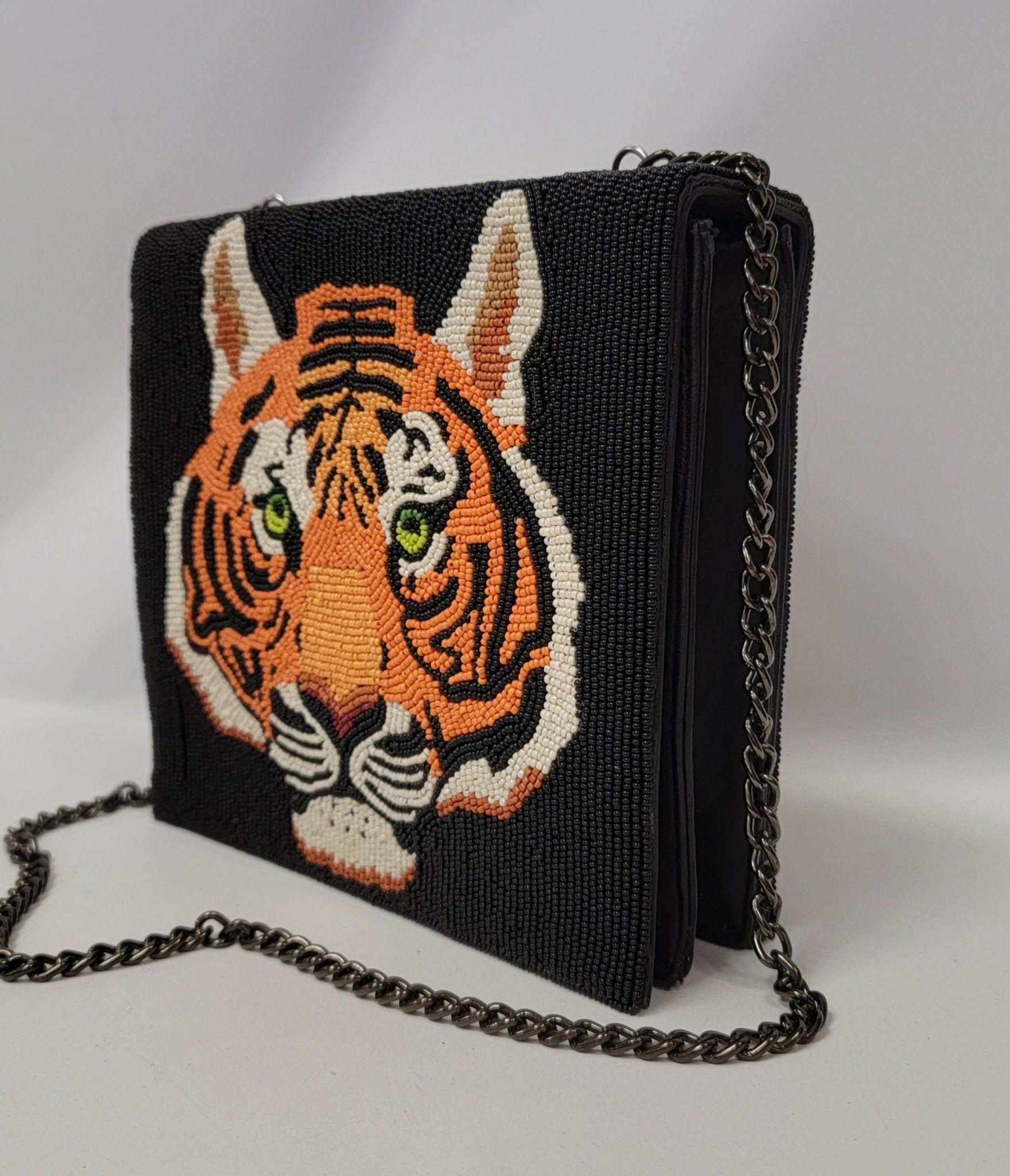 Tiger Beaded Leatherette Crossbody Bag