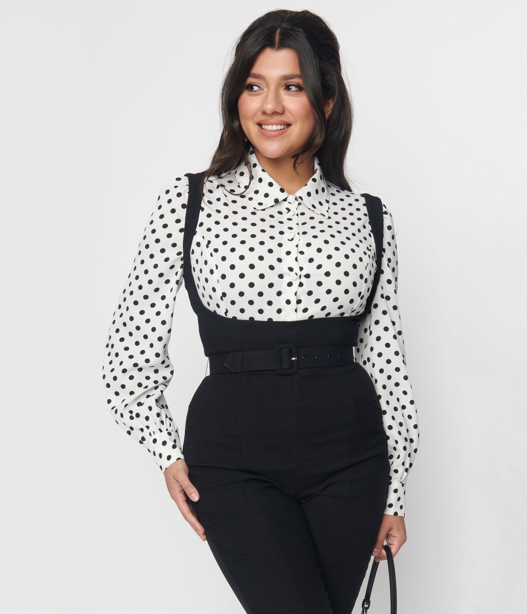 Unique Vintage White & Black Polka Sashed Bodysuit