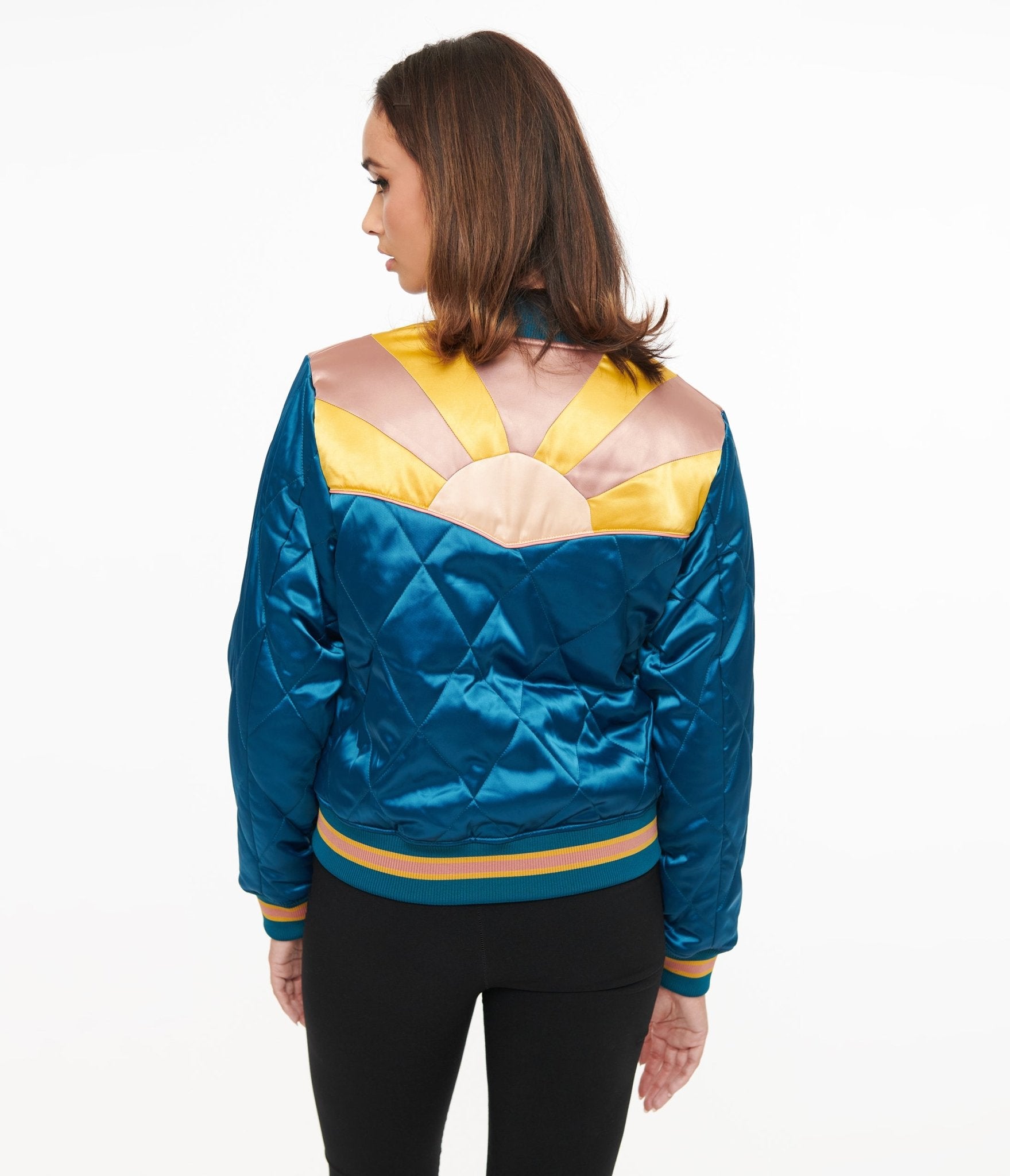 Classic Rock Couture 1970s Teal Peacock Rising Sun Chainstitch Bomber Jacket