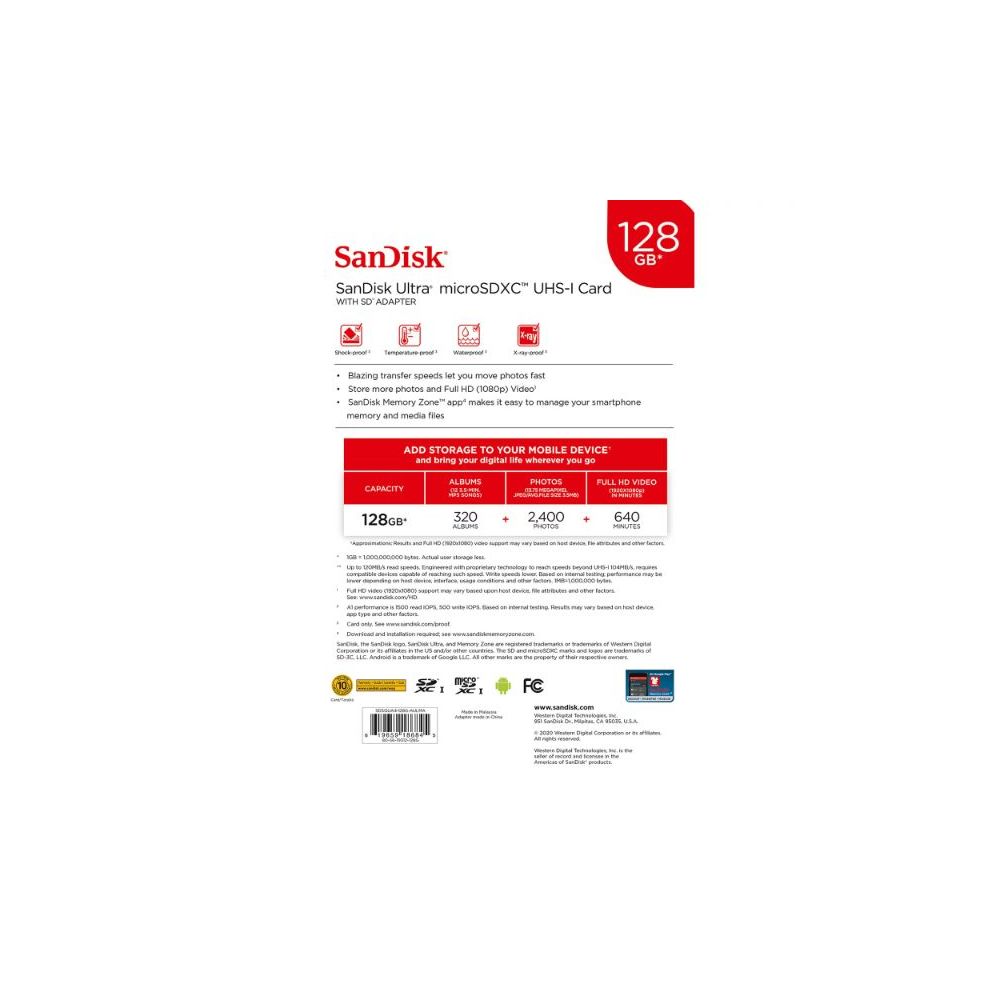 SanDisk SDSQUA4128GAULM Ultra microSDXC 128GB UHS-1 Memory Card with Adapter - 120MB/s, C10, U1, Full HD, A1, Micro SD Card