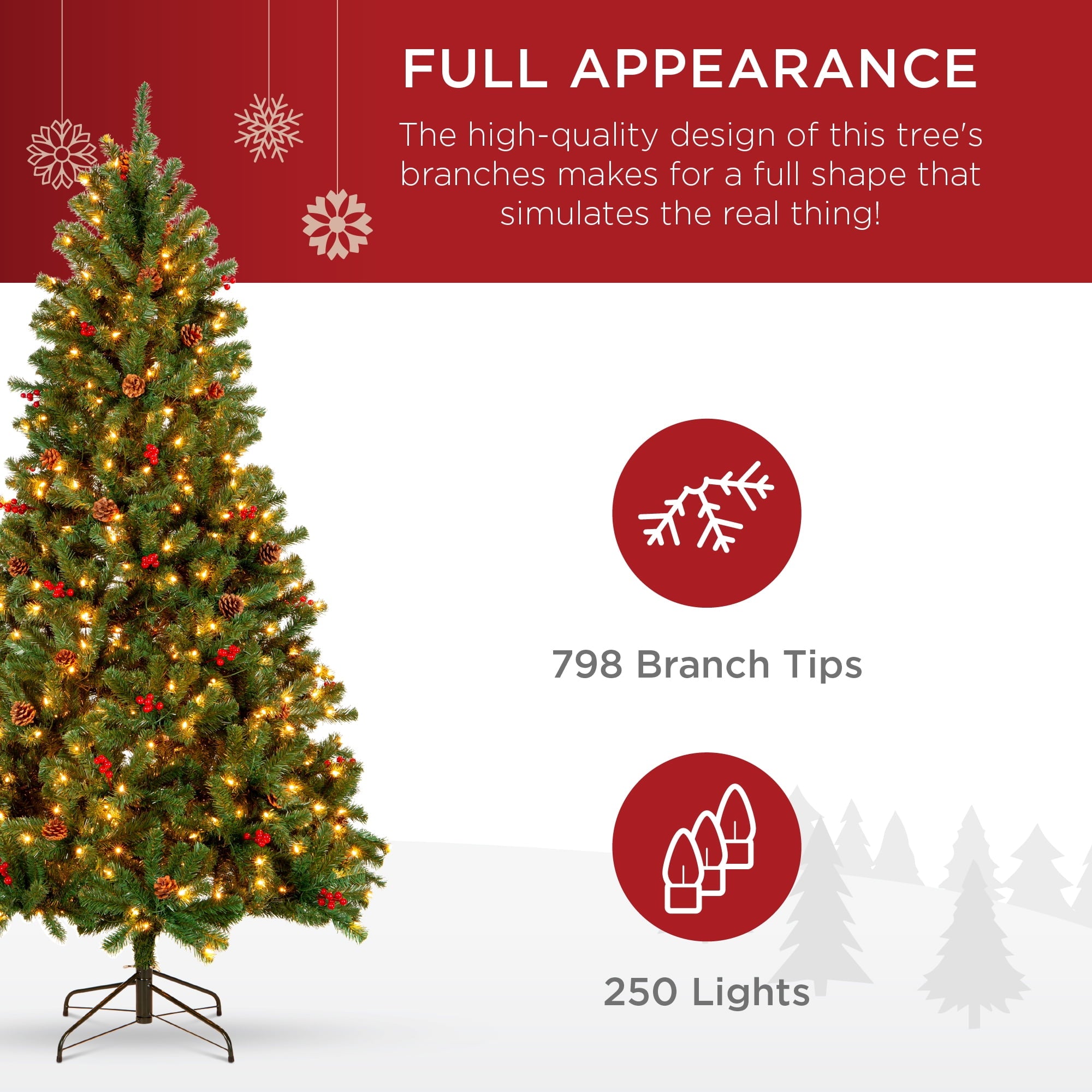 Best Choice SKY5971 Pre-Lit Pre-Decorated Holiday Spruce Christmas Tree w/ Tips, Lights, Metal Base