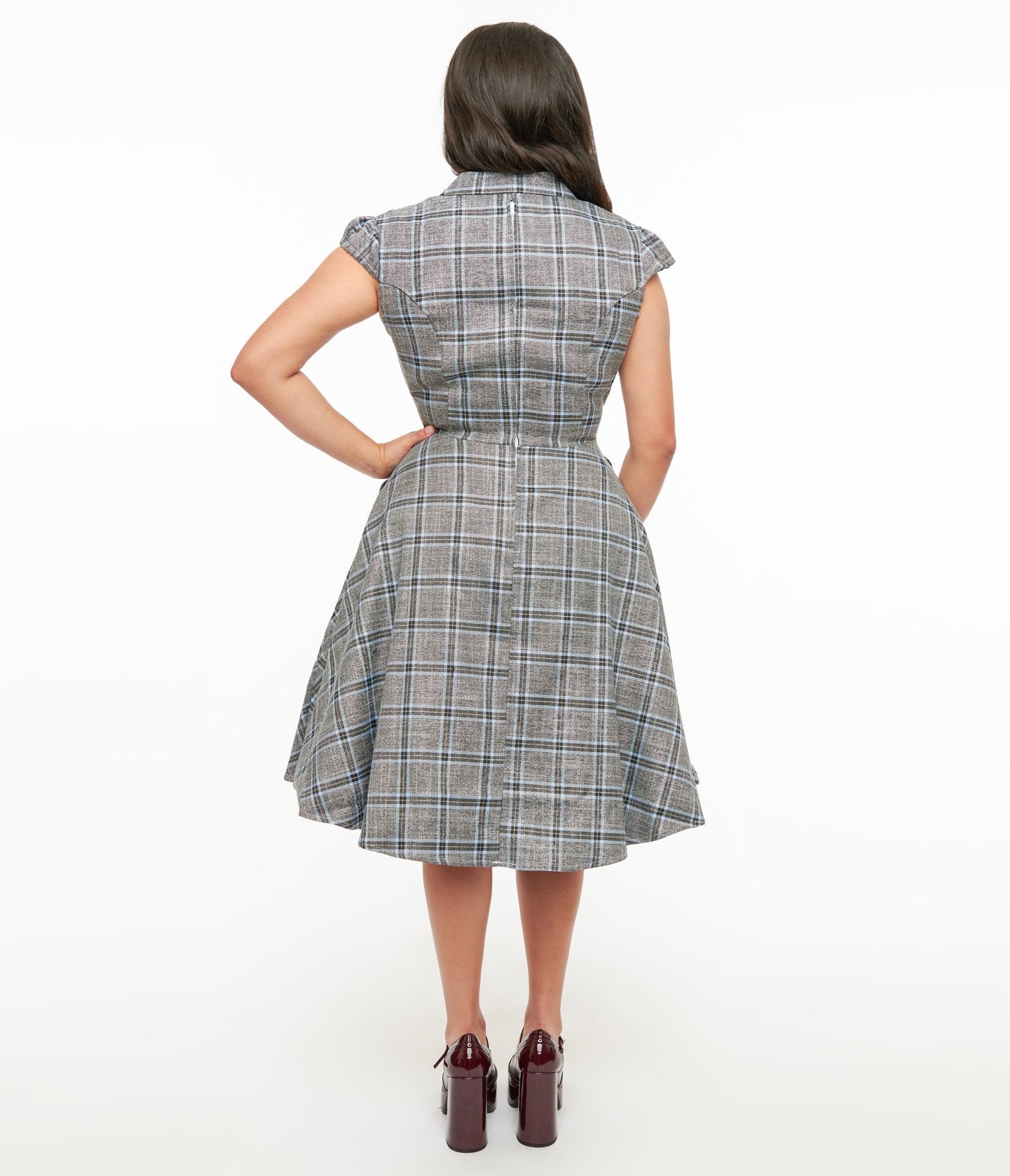 1950s Grey & Blue Plaid Swing Dress