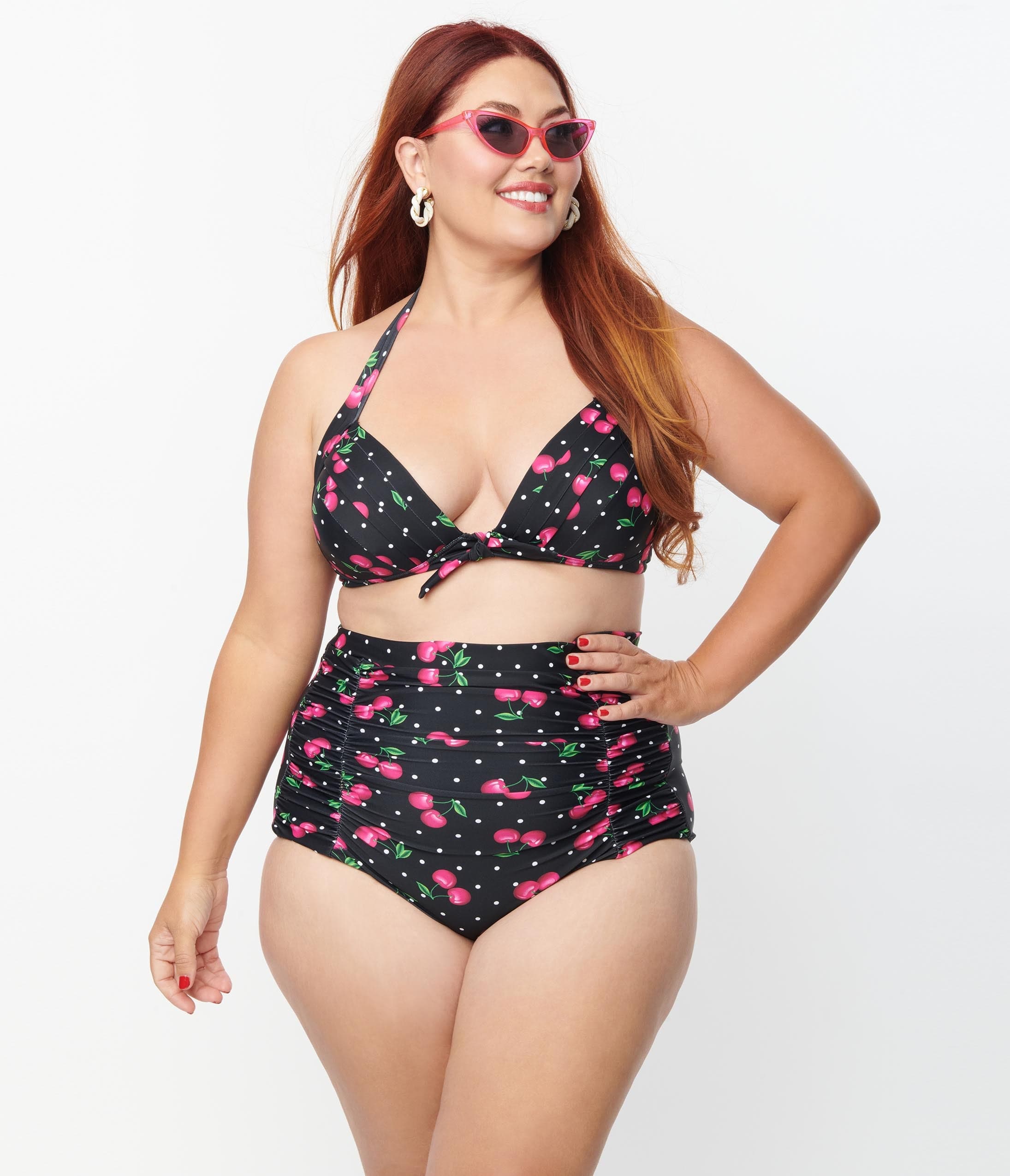 Unique Vintage Plus Size Black & Hot Pink Cherry Pin Dot Monroe Swim Top