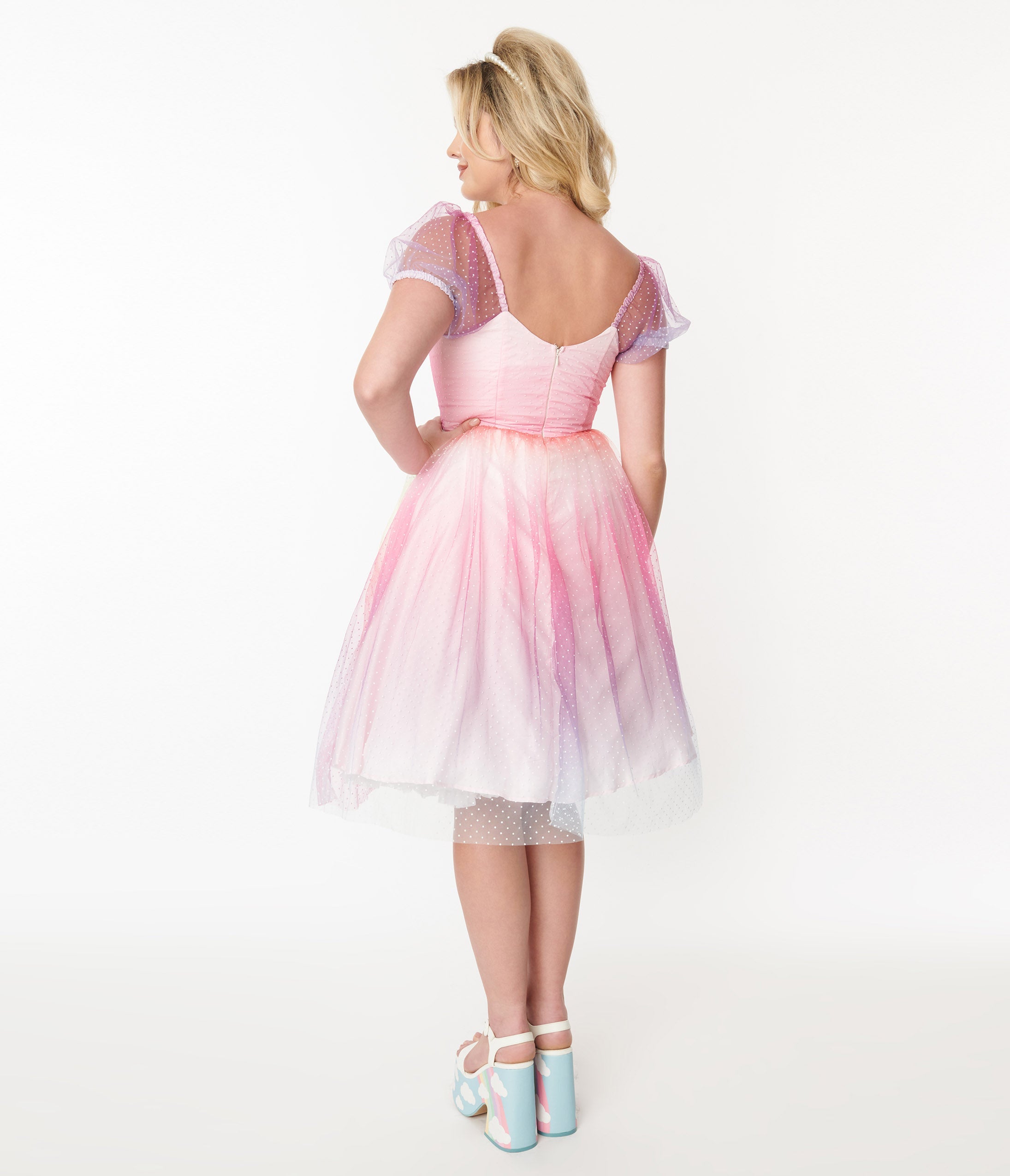 Unique Vintage 1950s Pastel Rainbow Ombre Clip Dot Tulle Sweetheart Fit & Flare Dress