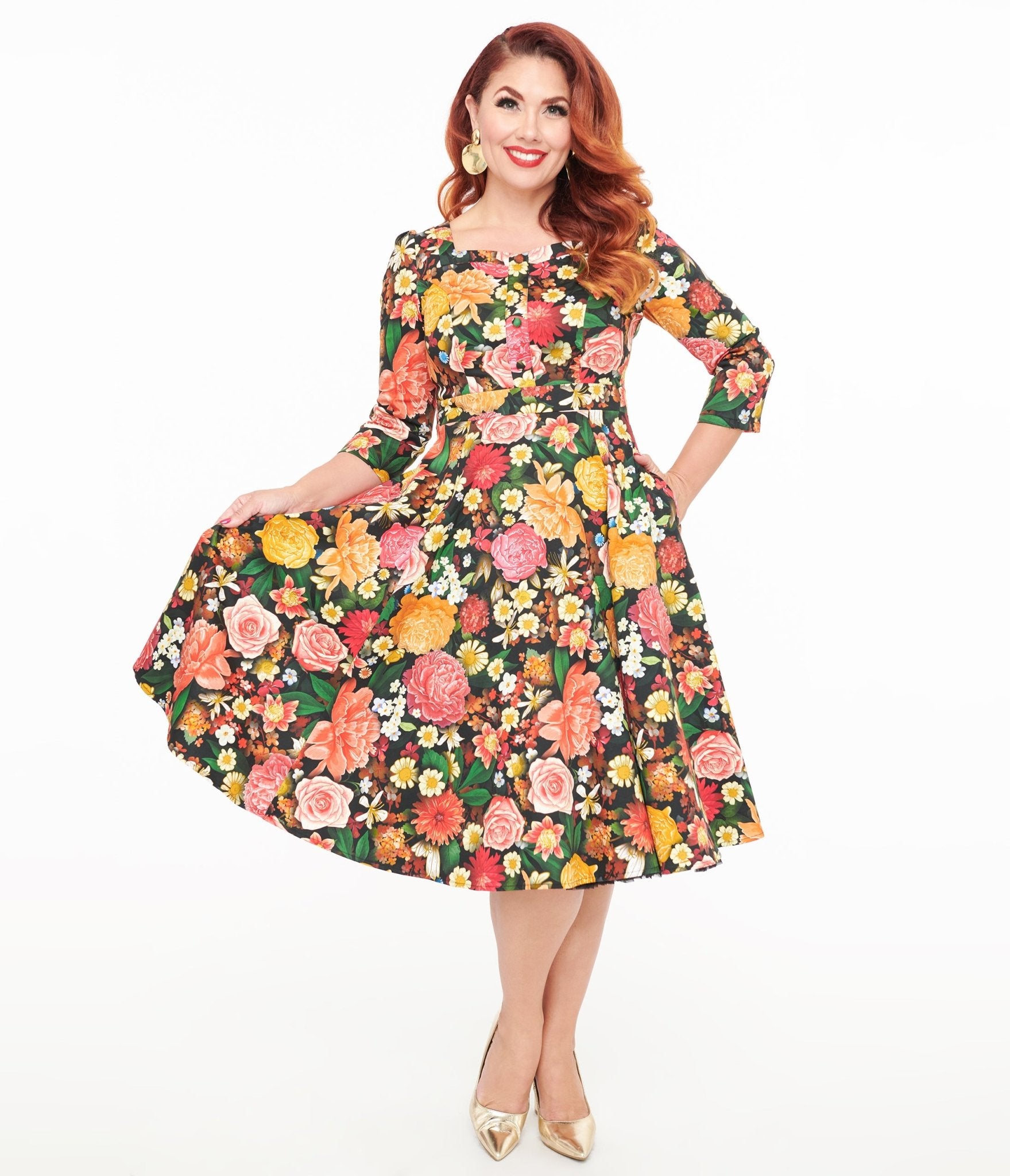 Hearts & Roses Black Floral Cassidy Swing Dress