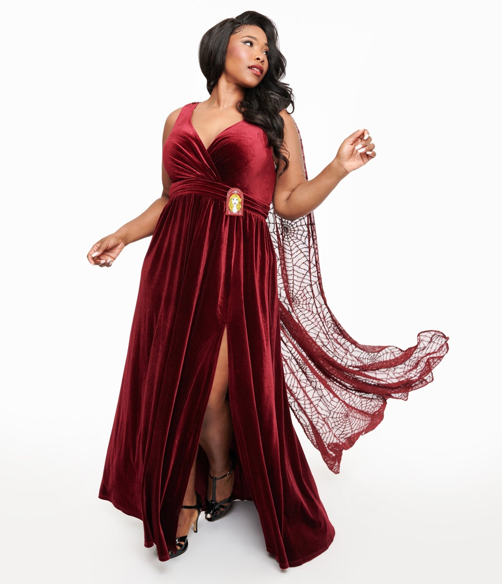 Disney Hocus Pocus Collection by Unique Vintage Plus Size Hocus Pocus Burgundy Velvet & Spiderweb Sequin Cape Gown