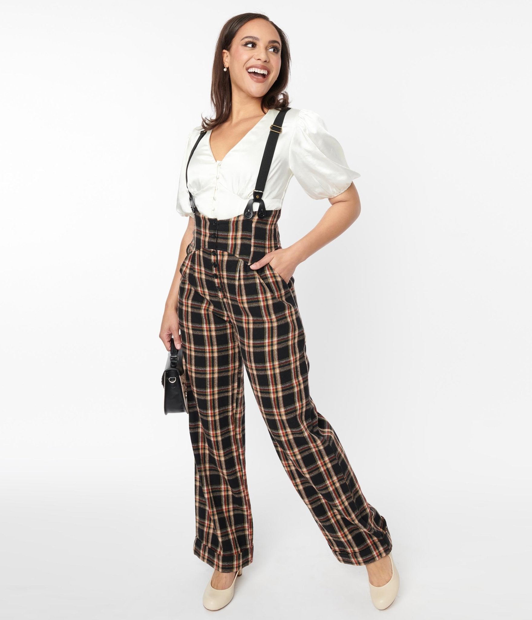 Unique Vintage 1930s Black & Auburn Plaid Thelma Suspender Pants