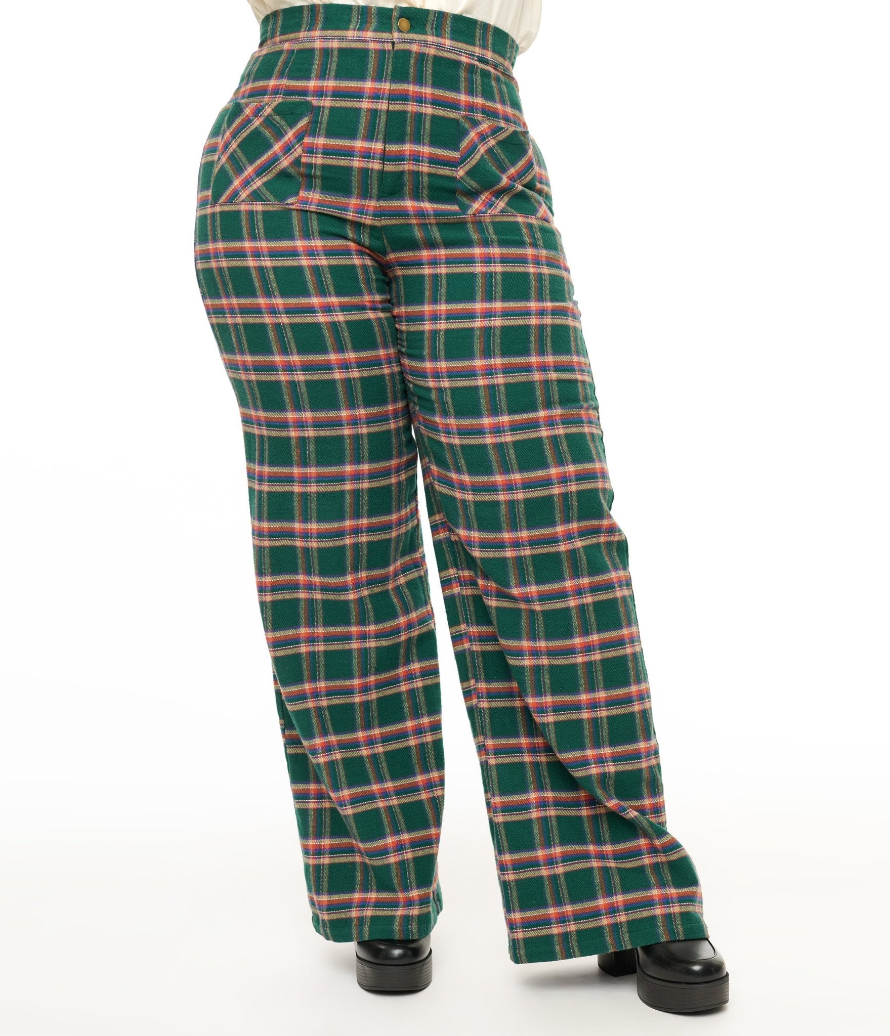 Smak Parlour Plus Size 1960s Green & Red Plaid Wide Leg Trousers