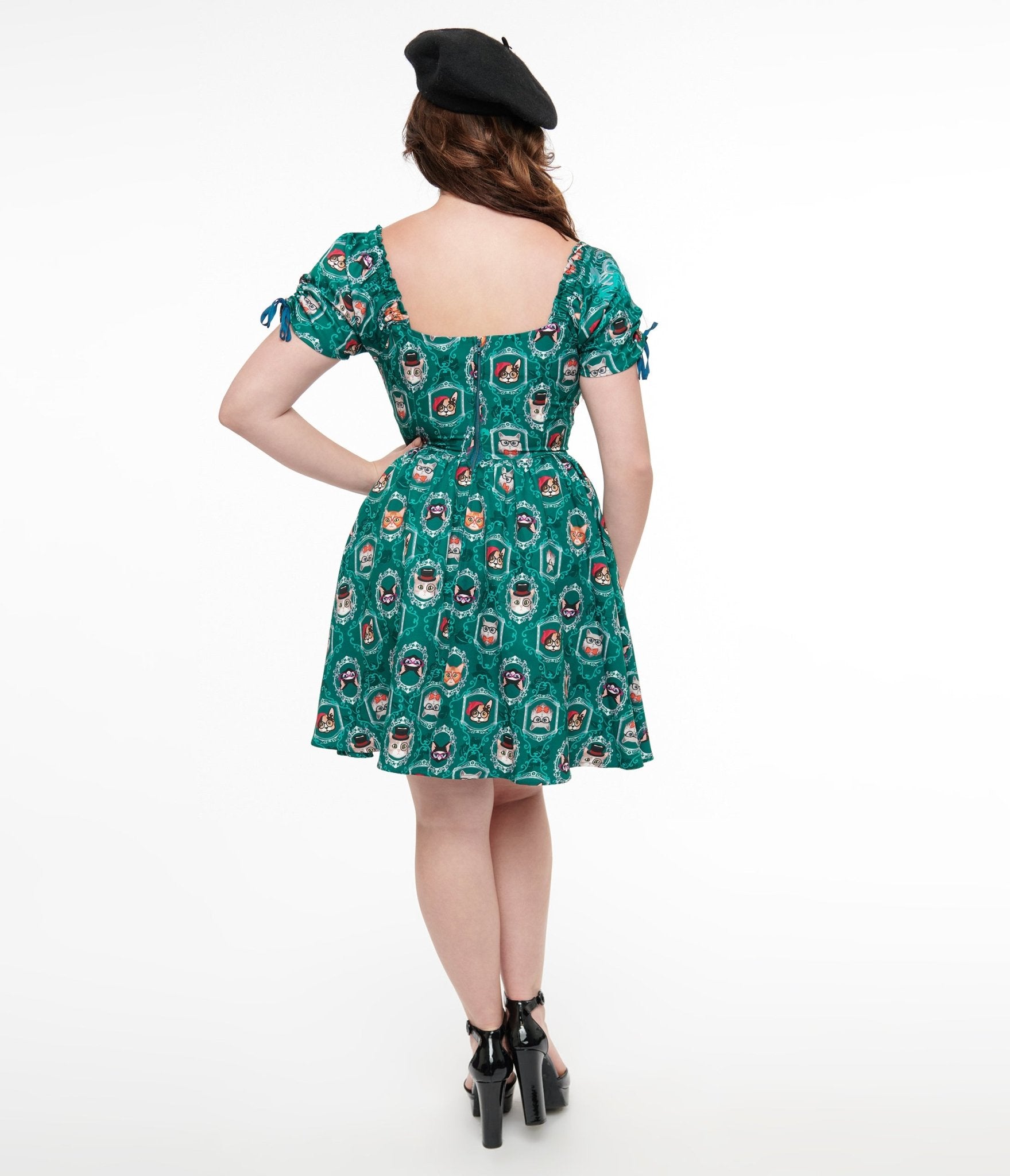 Unique Vintage 1950s Teal Cat Print Swing Dress