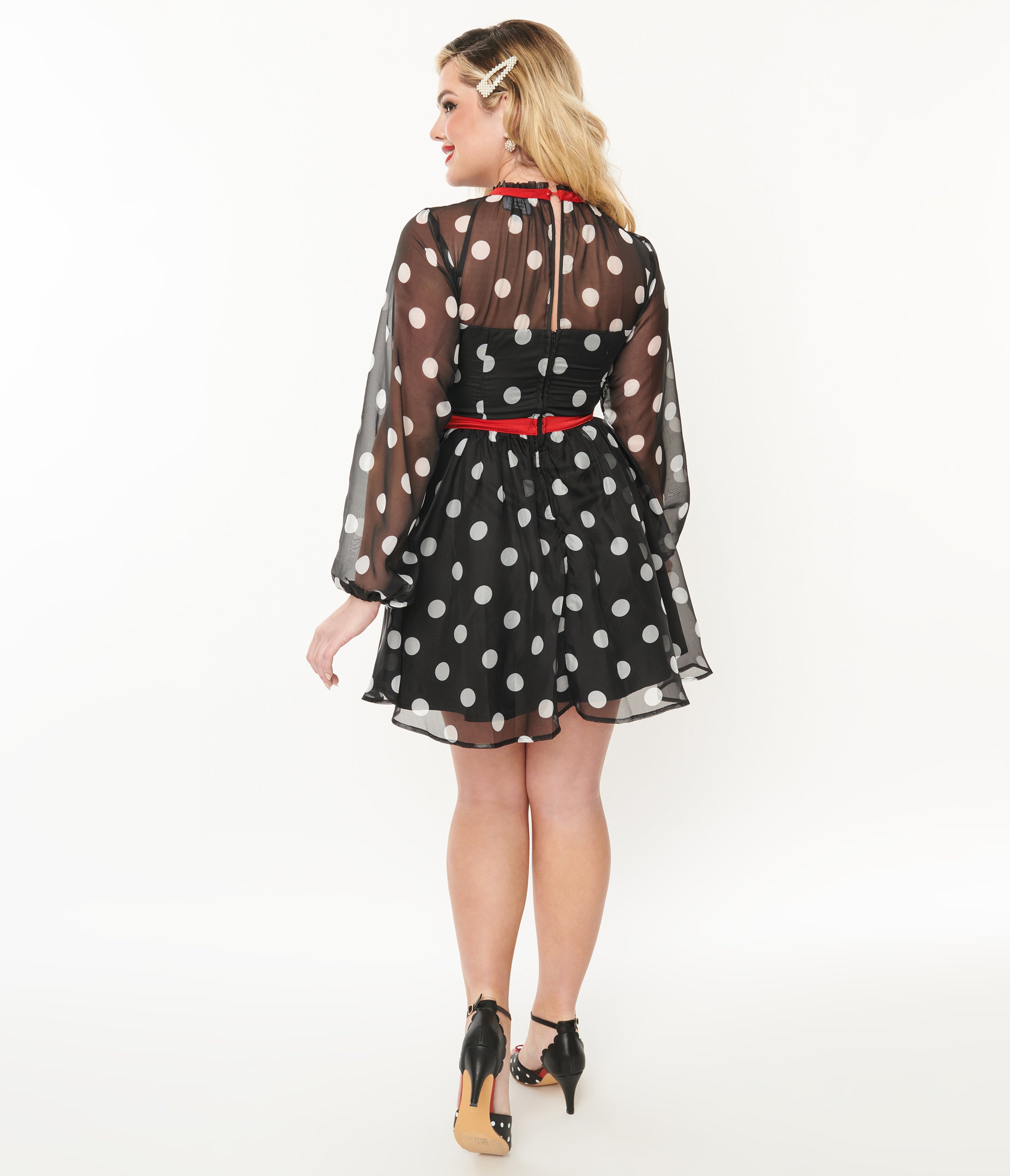 Unique Vintage Black & White Polka Dot Flocked Tulle Dress