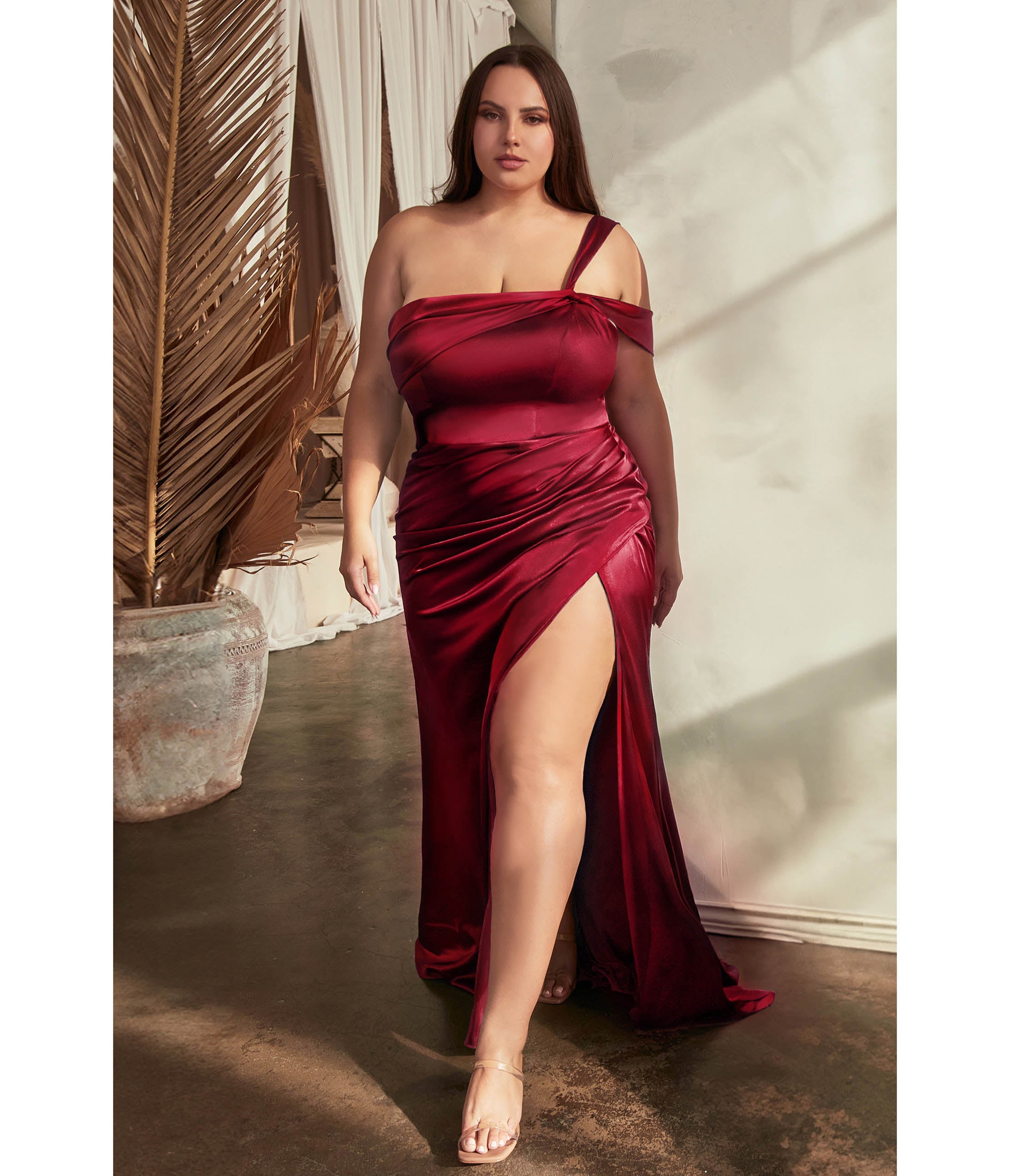 Ladivine by Cinderella Divine Plus Size Burgundy Ruched Satin One Shoulder Evening Gown