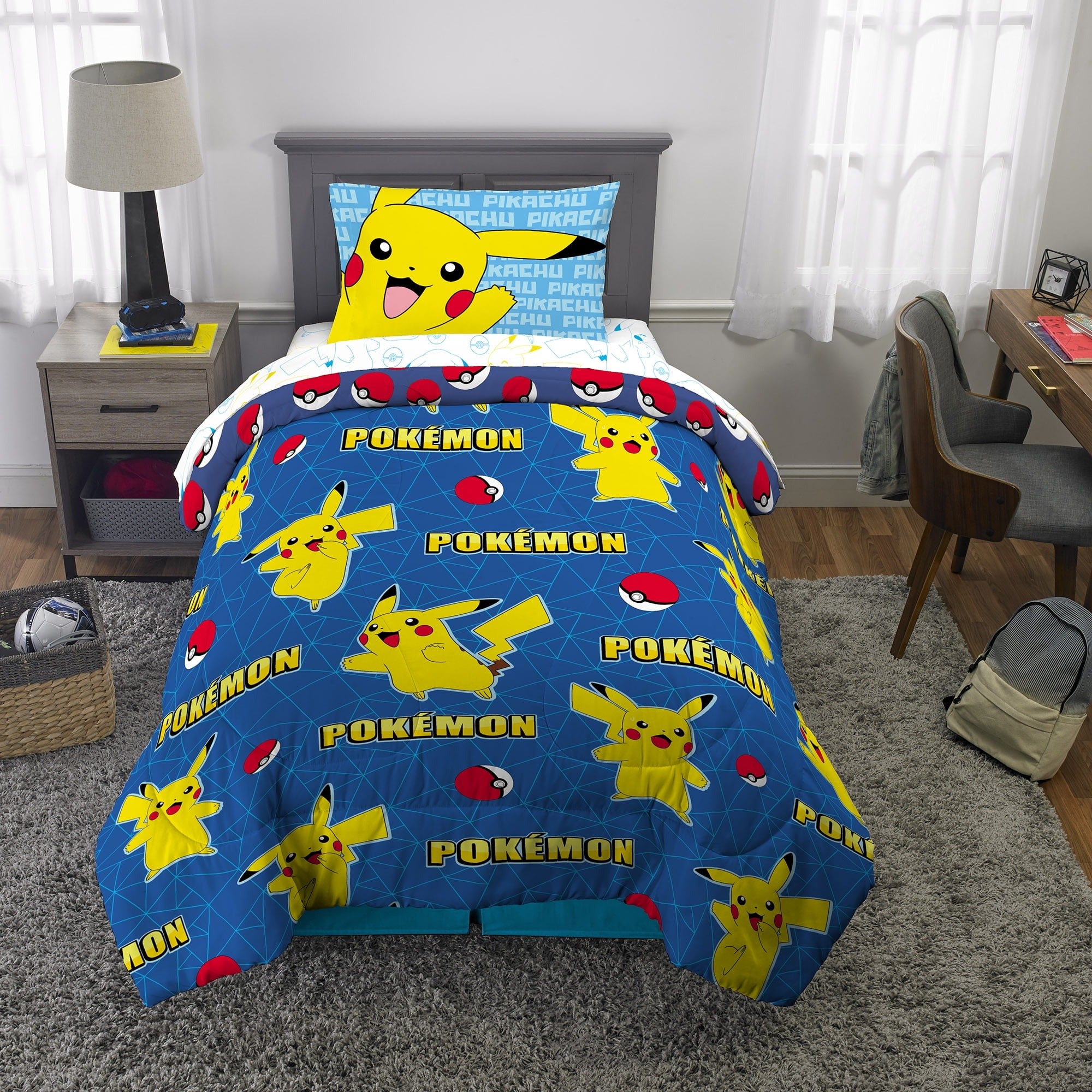 Pokemon 6A5246 Kids Twin Bed in a Bag, Gaming Bedding, Comforter Sheet Set and Bonus Tote, Blue