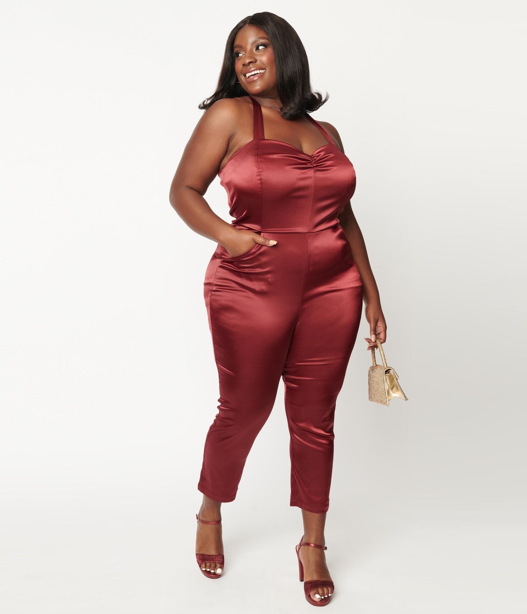 Unique Vintage Plus Size 1970s Wine Satin Marcel Jumpsuit