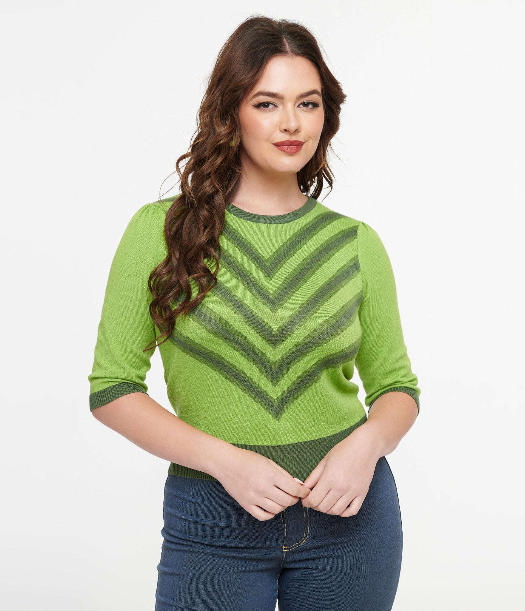 Voodoo Vixen 1960s Bright Green V Pattern Knit Top