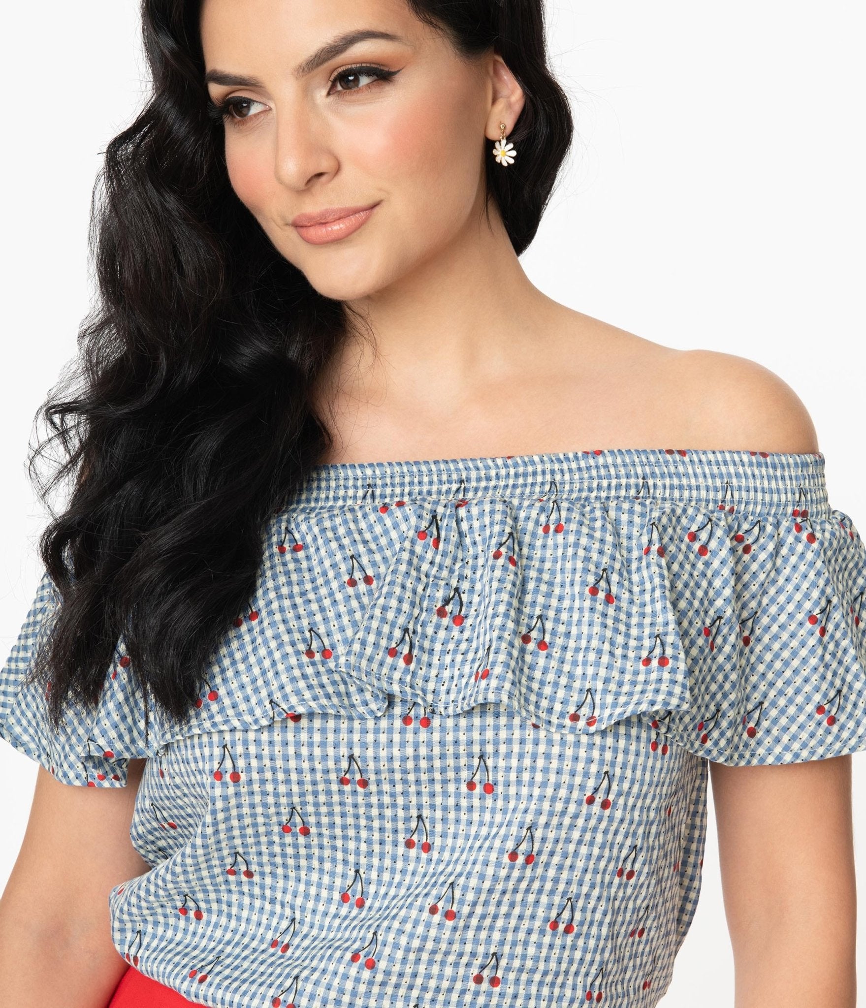 Unique Vintage Blue & White Gingham Cherry Print Luanne Top