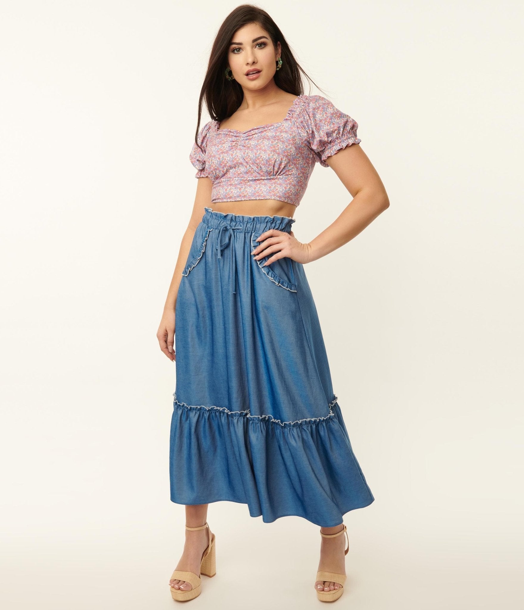 Unique Vintage 1970s Chambray Ruffle Tiered Midi Skirt