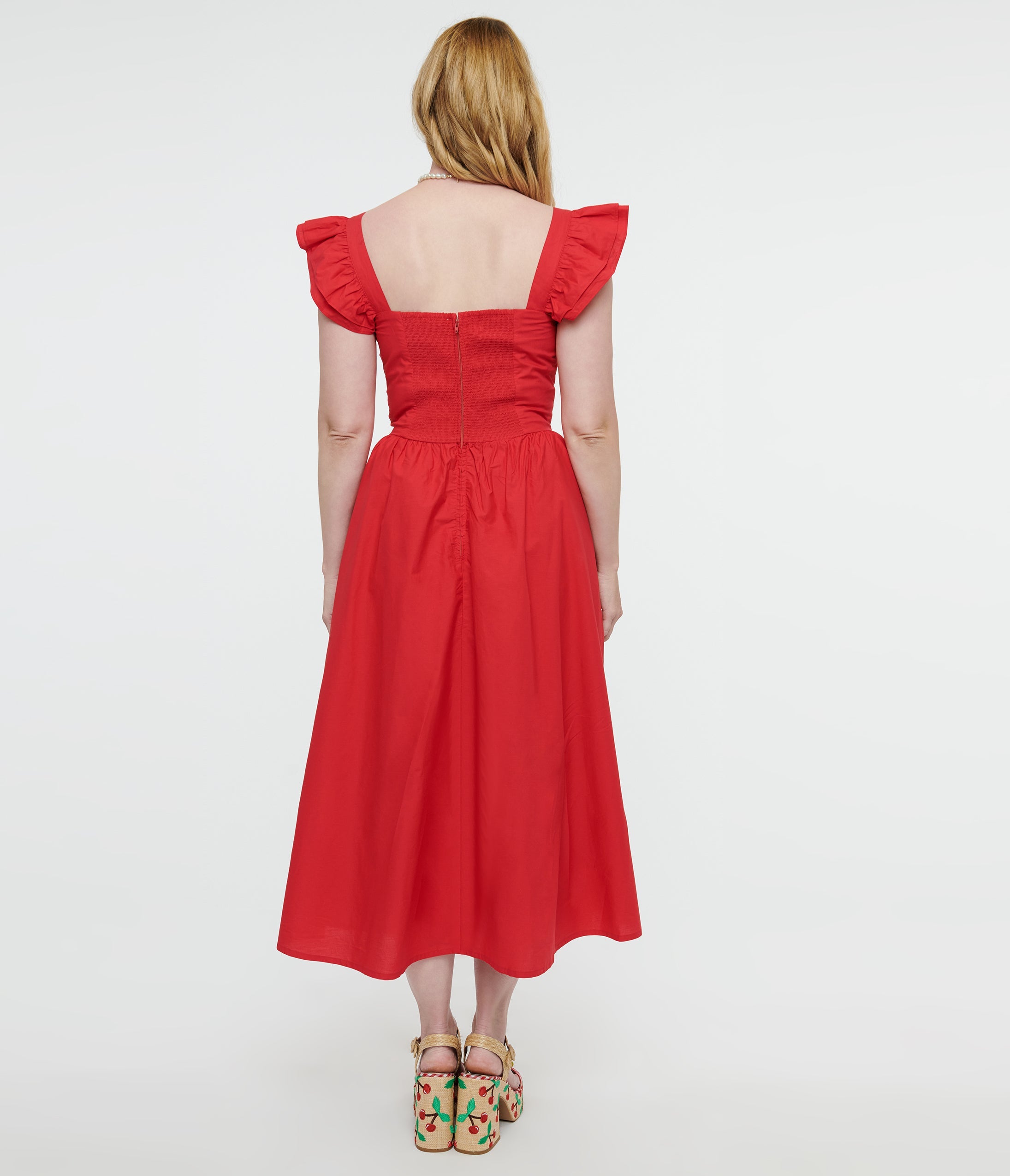 Y2K Red Flutter Sleeve Poplin Midi Dress