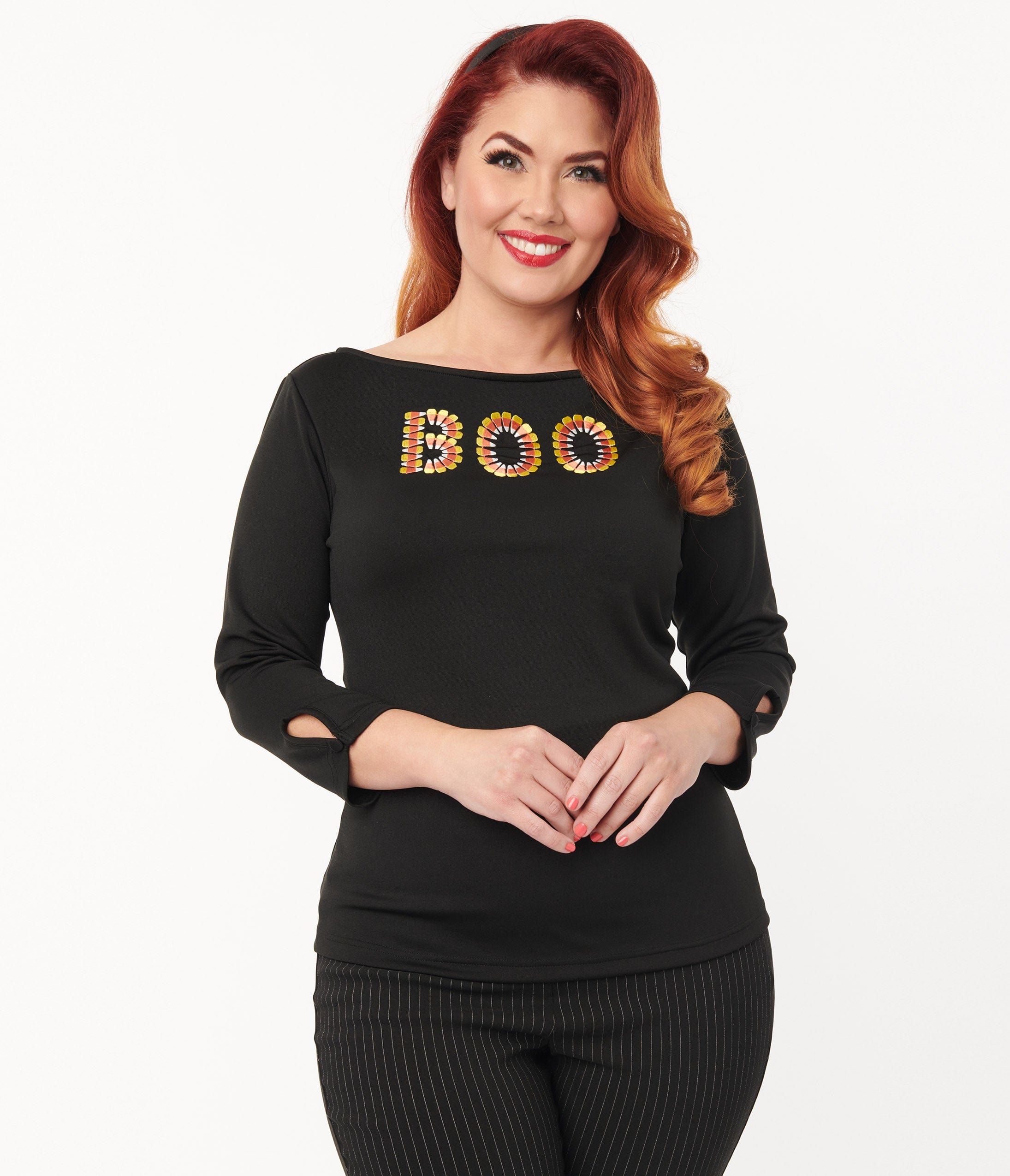 Unique Vintage Black Candy Corn Boo Embroidered Gracie Top