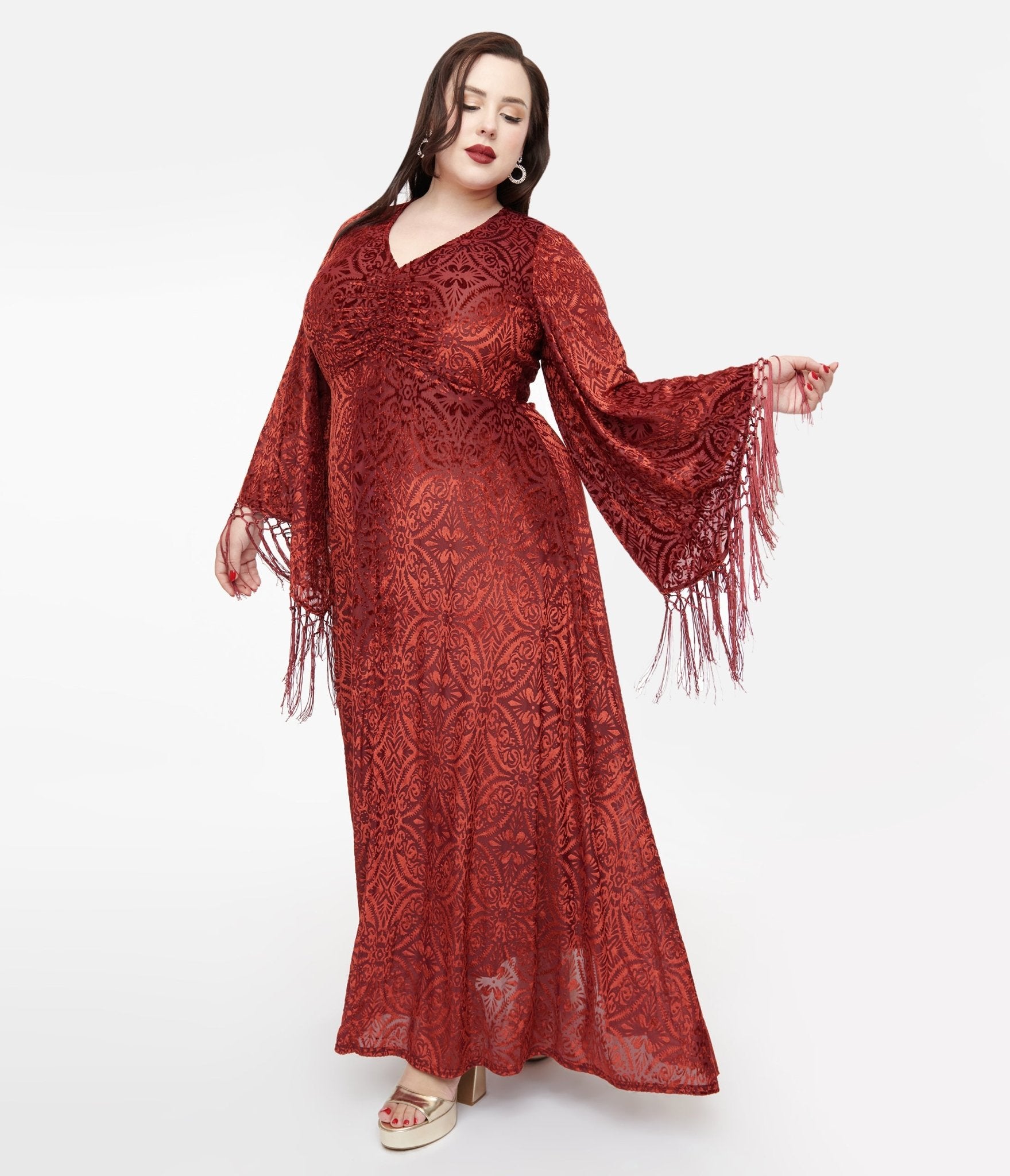 Smak Parlour Plus Size 1970s Burgundy Velvet Burnout Fringe Sleeve Maxi Dress