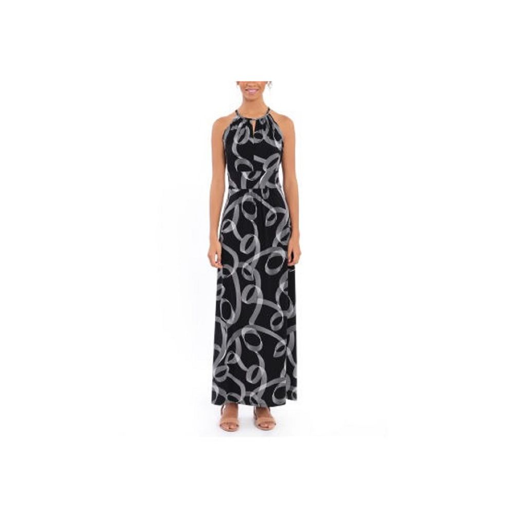 London Style Sleeveless Abstract Maxi Dress, Size: 10, Black White - Machine Washable