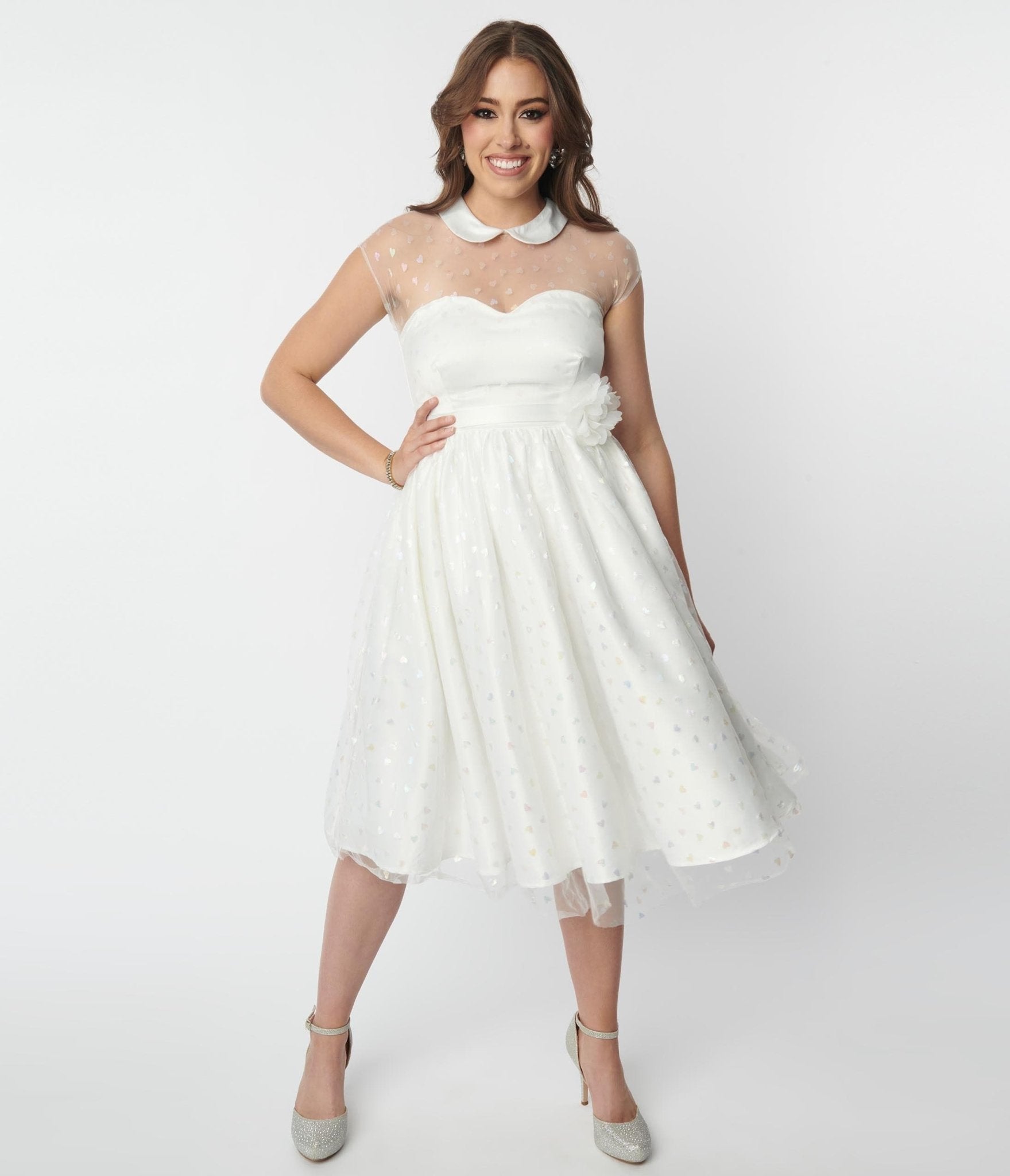 Unique Vintage White & Iridescent Heart Bridal Swing Dress