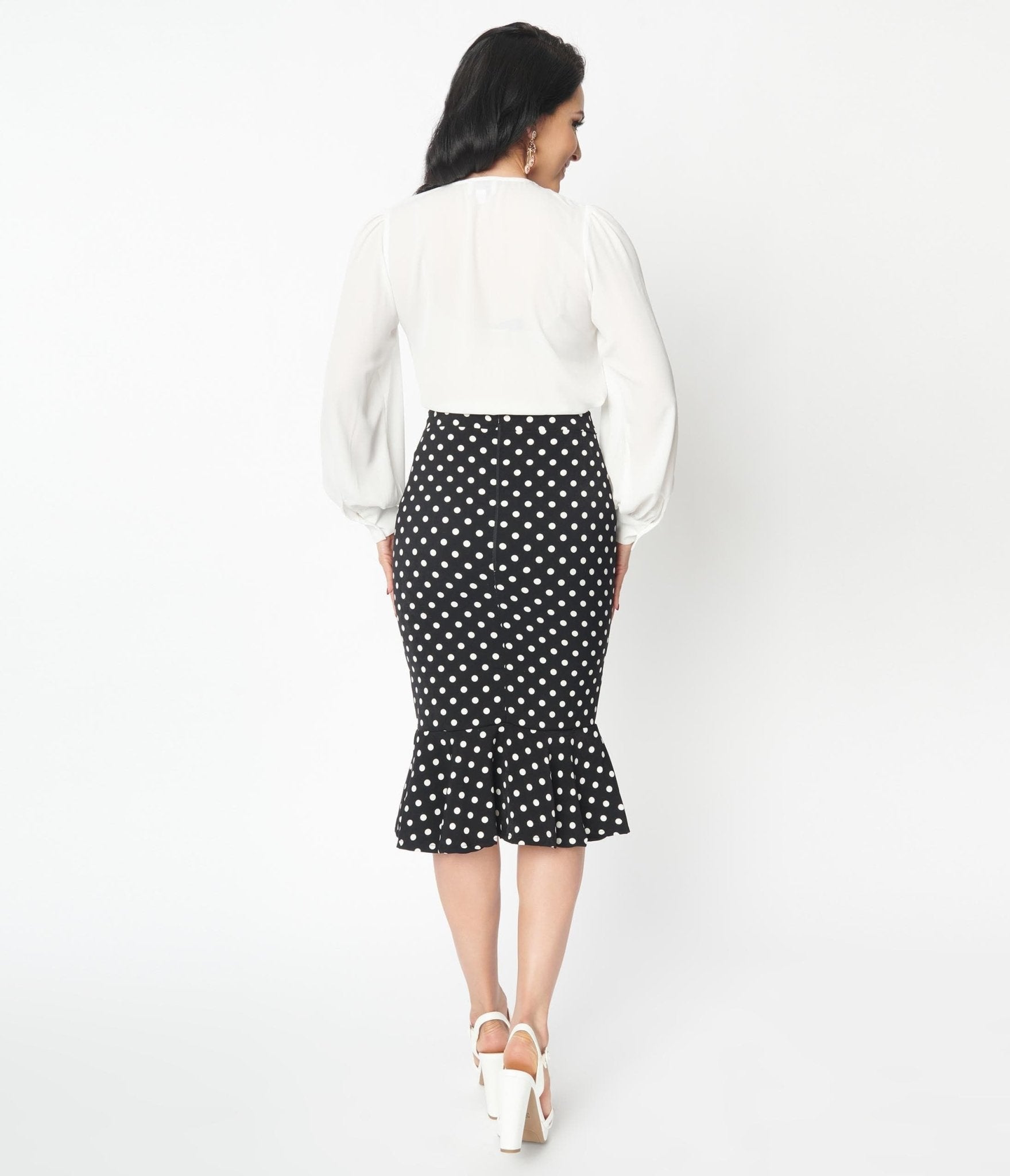 Black & White Polka Dot Ruffled Hem Pencil Skirt