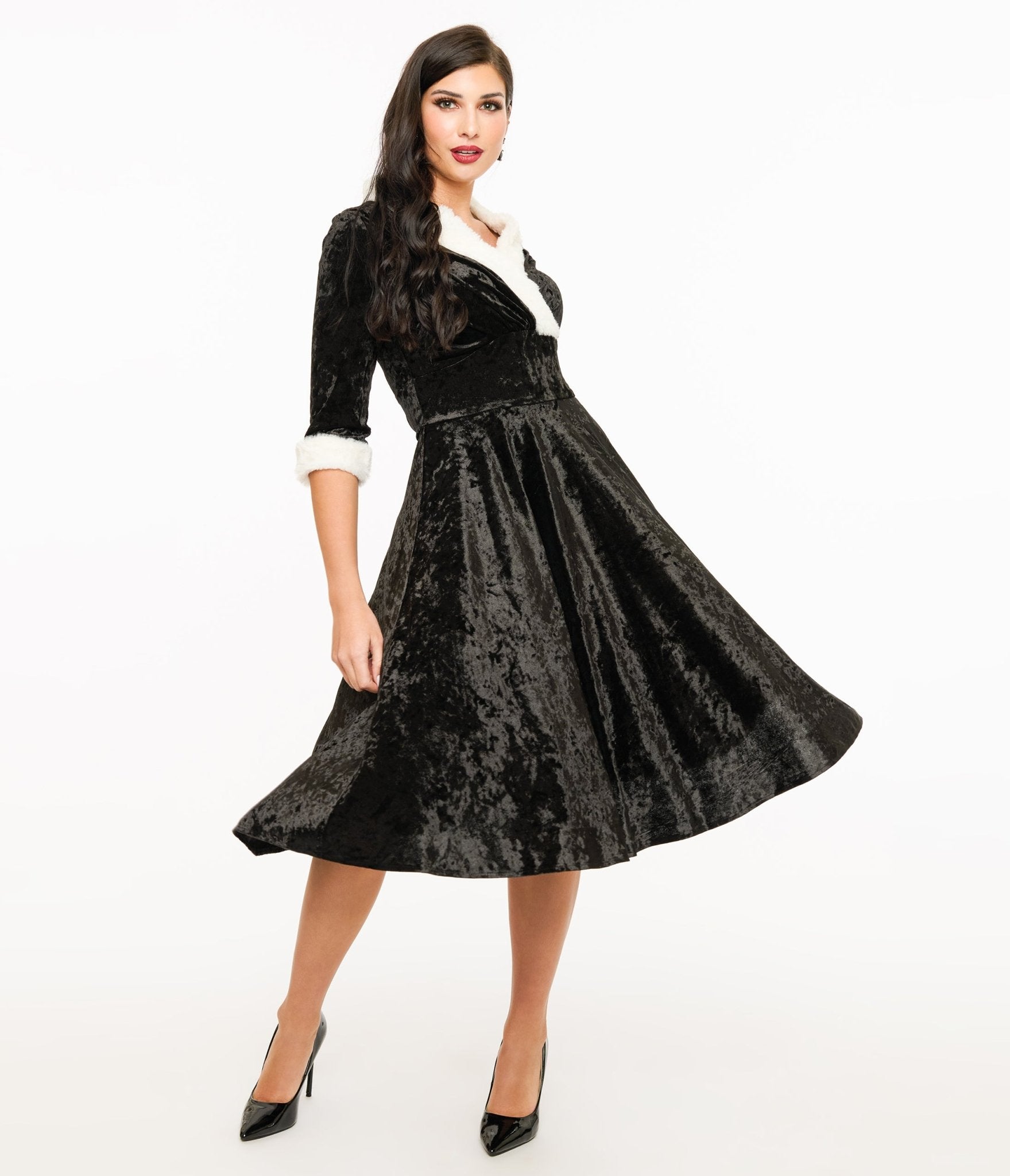 Unique Vintage 1950s Black Crushed Velvet & White Fur Delores Swing Dress