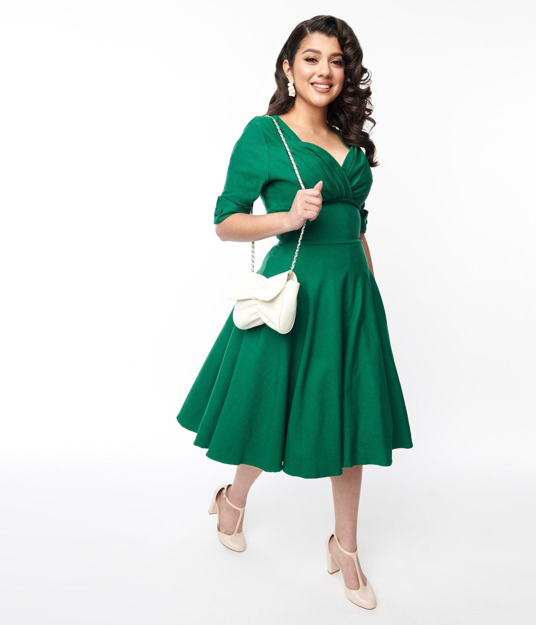 Unique Vintage Emerald Green Delores Swing Dress with Sleeves