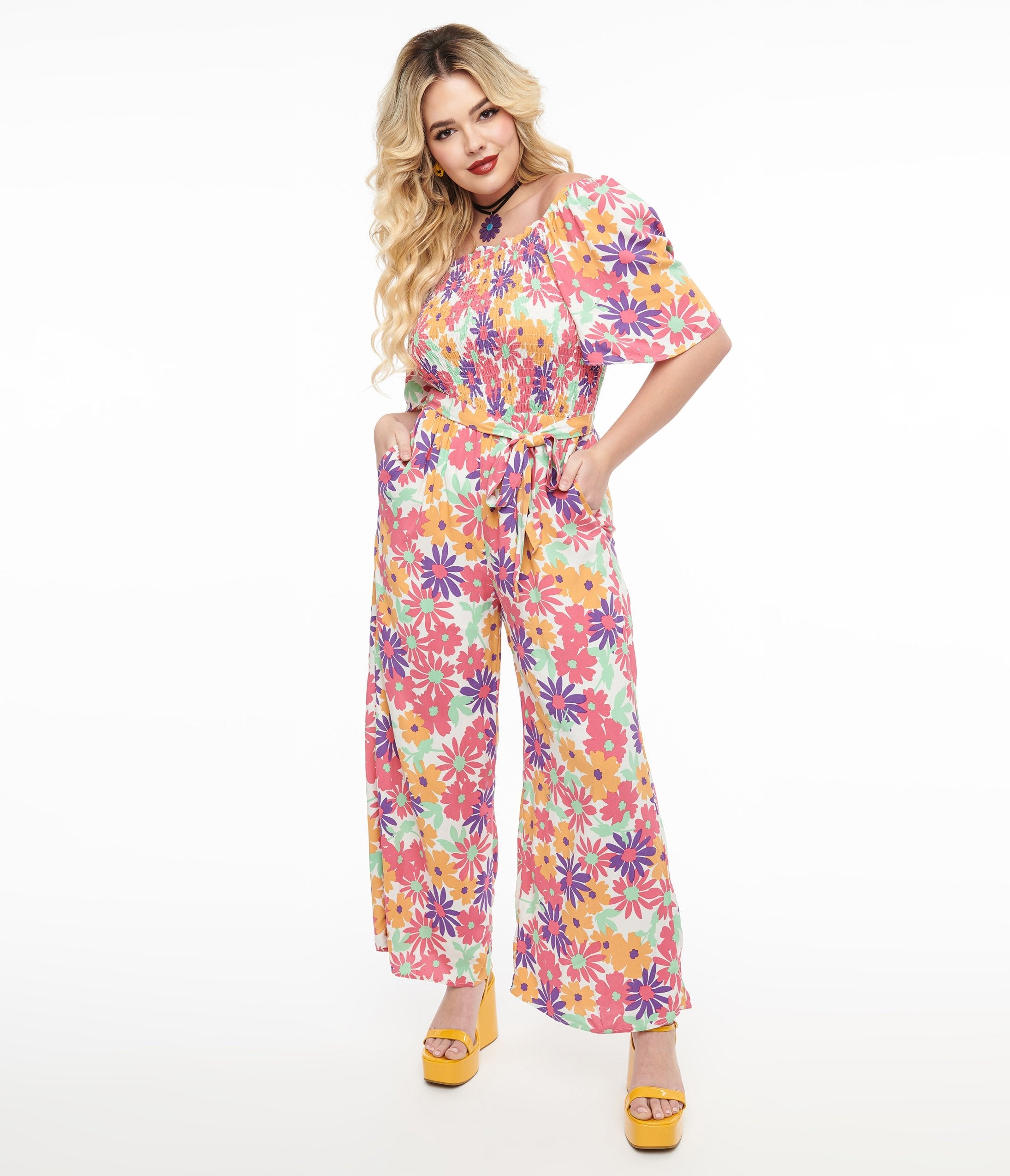 Hot Pink & Purple Floral Flutter Sleeve Jumpsuit