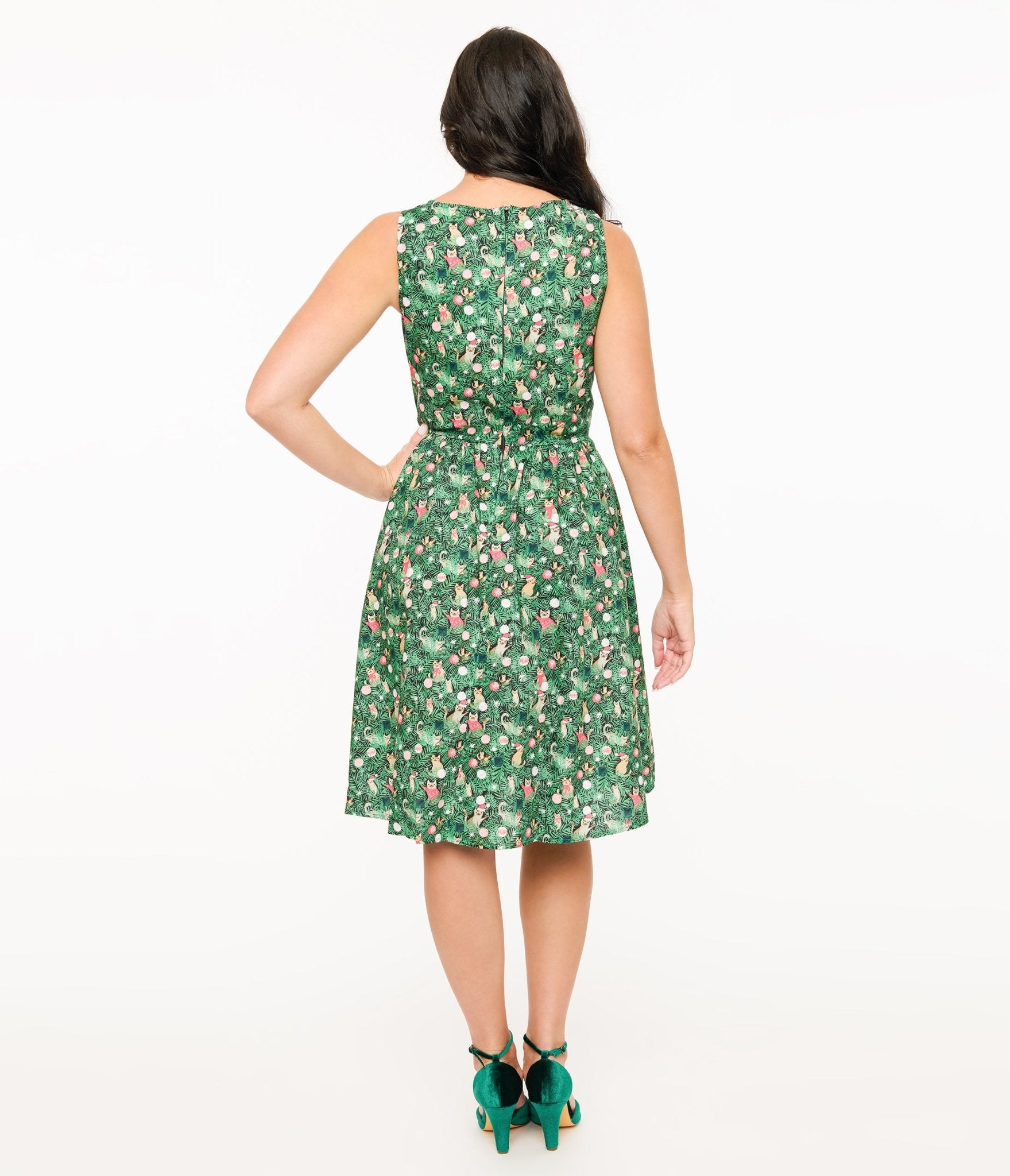 Retrolicious 1950s Green Holiday Cat Print Cotton Swing Dress