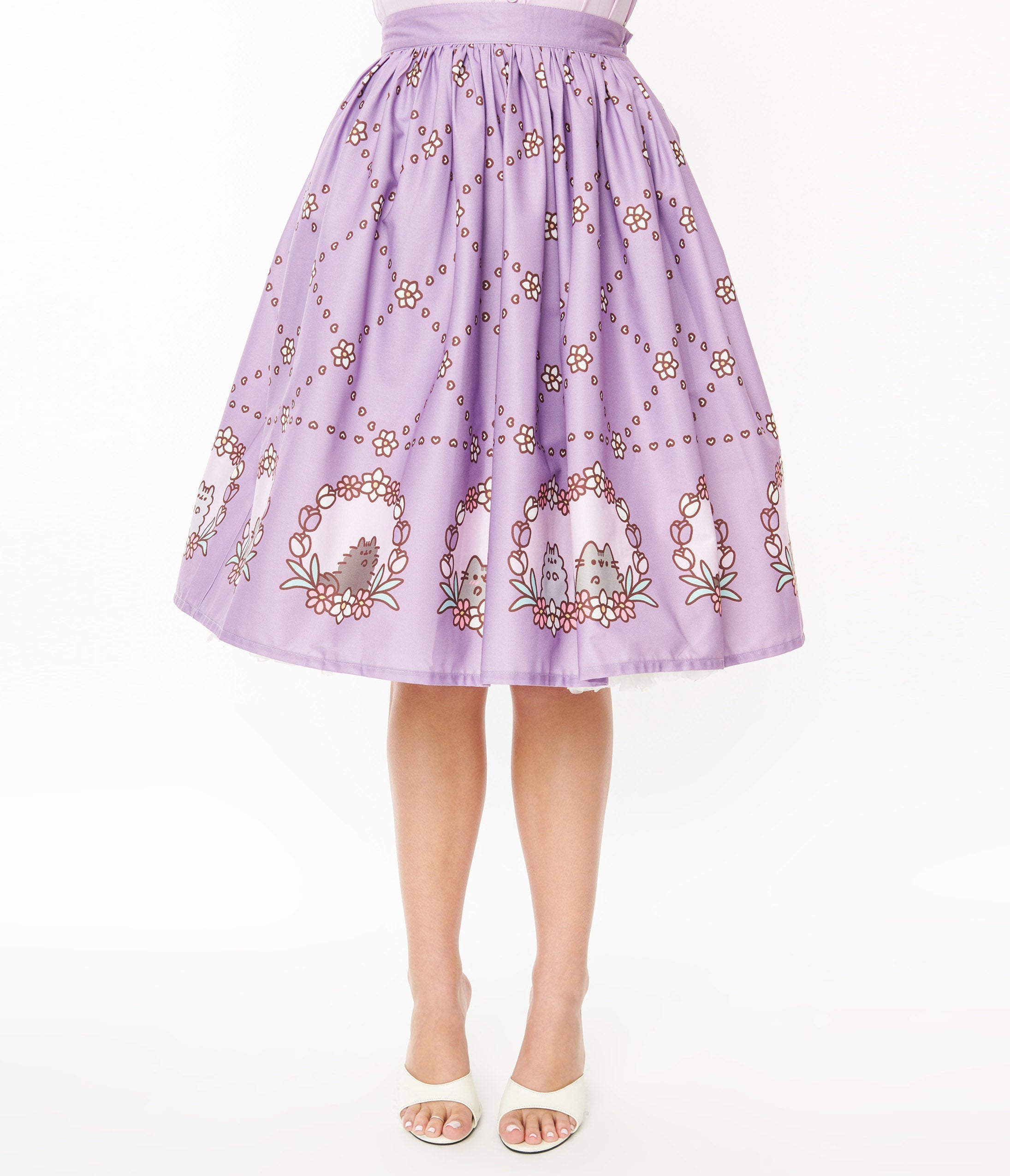 Pusheen x Unique Vintage Lavender Pusheen Floral Frame Print Gellar Swing Skirt