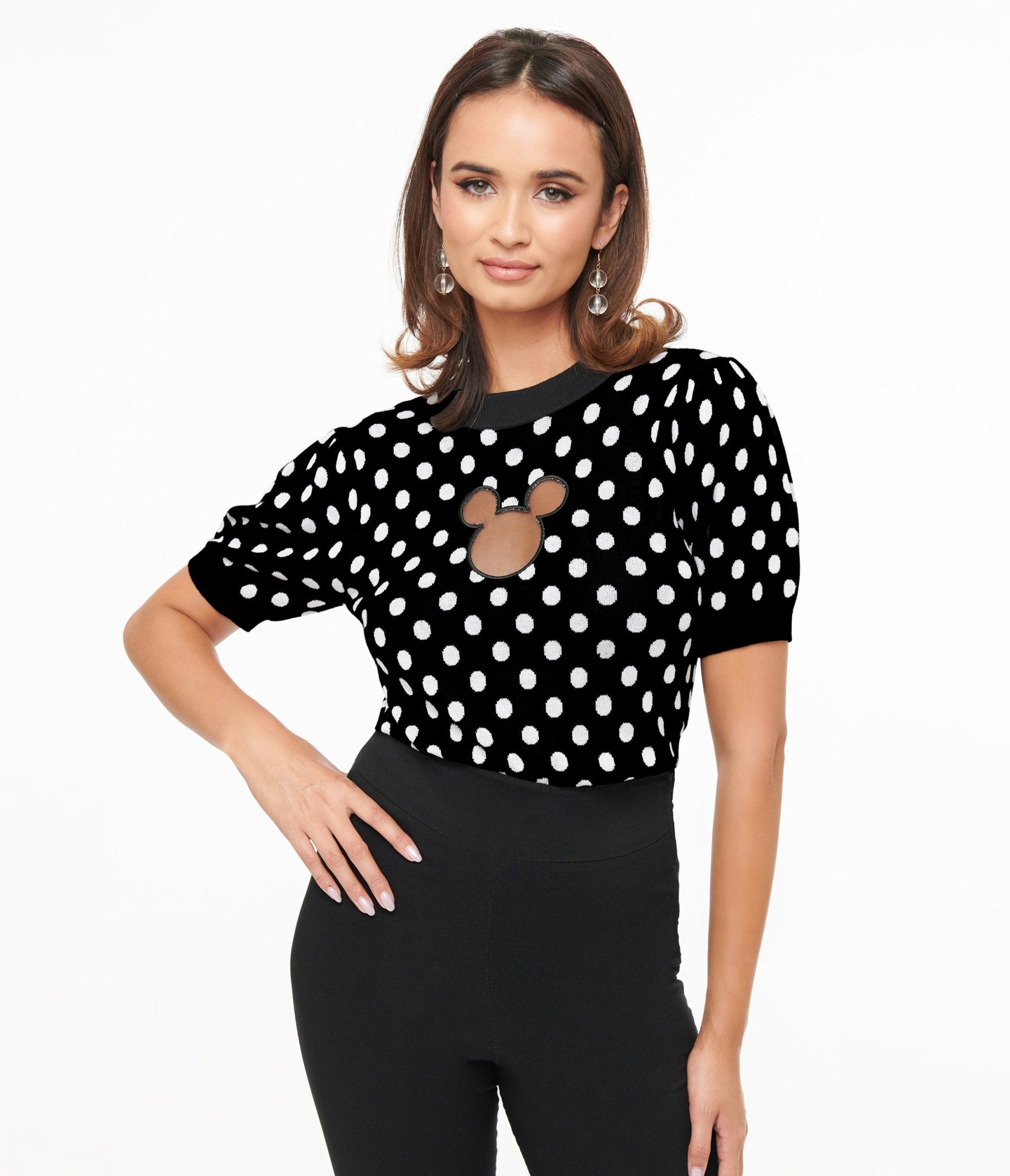 Disney Mickey & Friends Collection by Unique Vintage Black & White Polka Dot Mickey Mouse Cutout Sweater