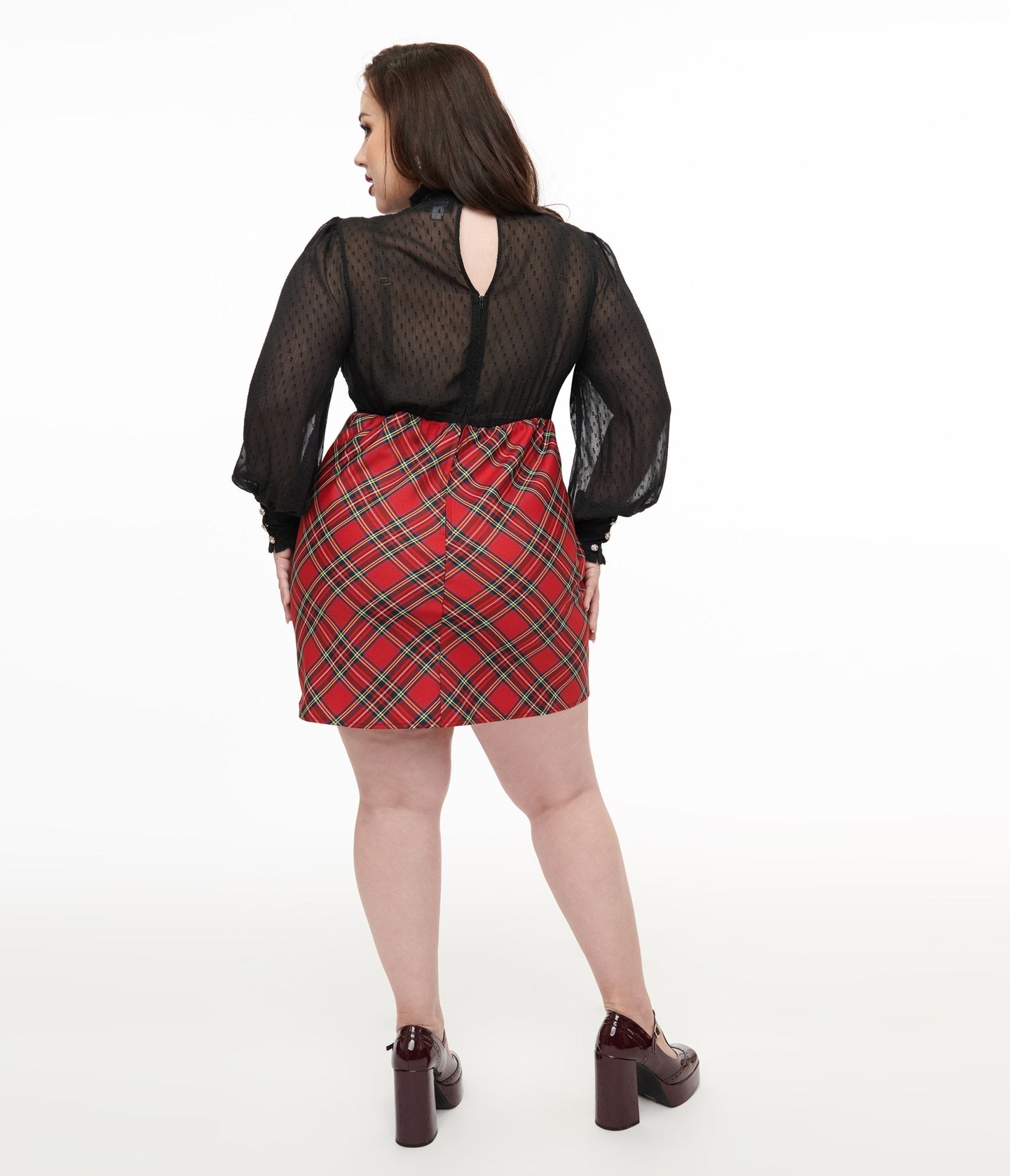 Smak Parlour Plus Size 1960s Red Plaid & Black Ruffle Neck A-Line Dress