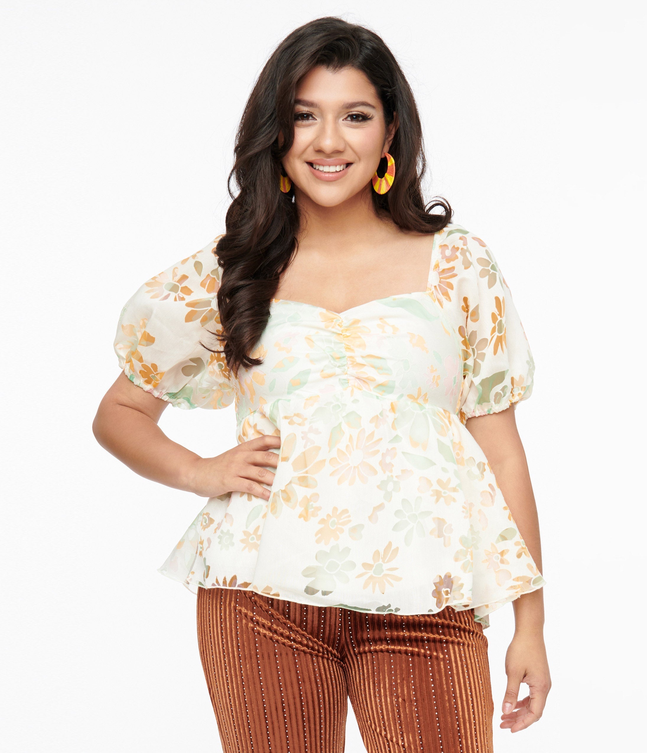 Ivory & Tangerine Floral Babydoll Blouse