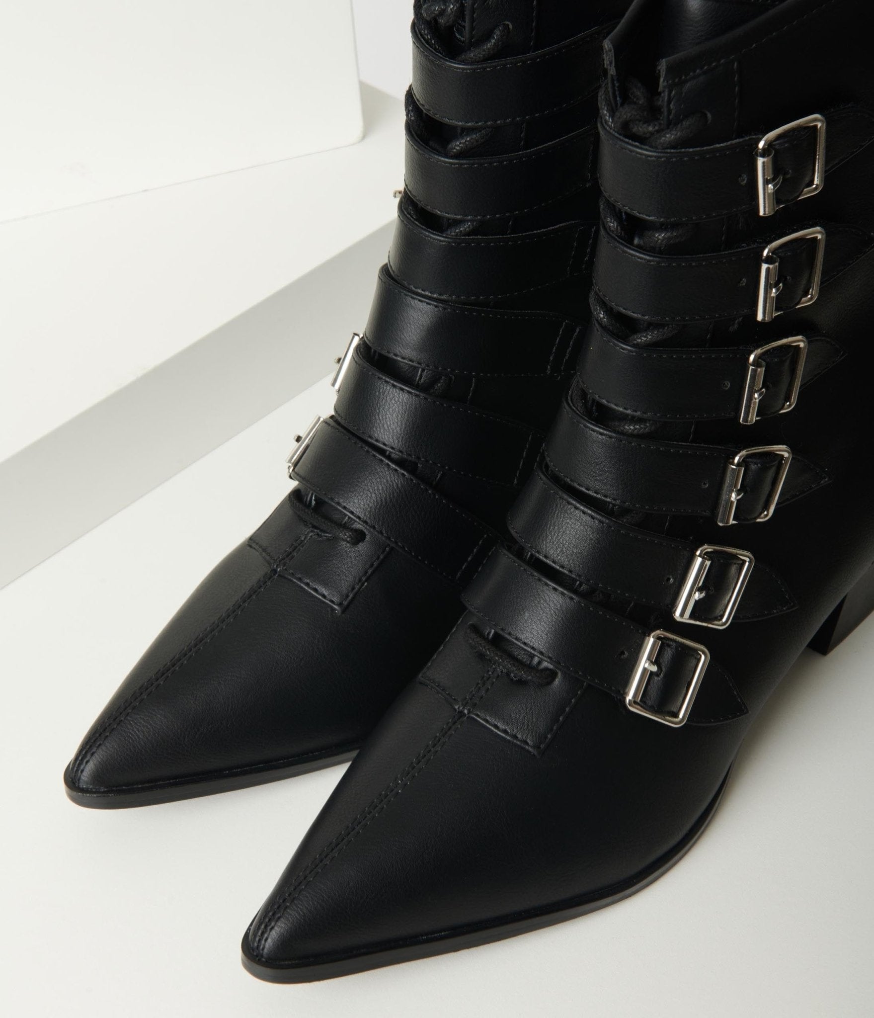 Black Leatherette Buckle Coven Boots